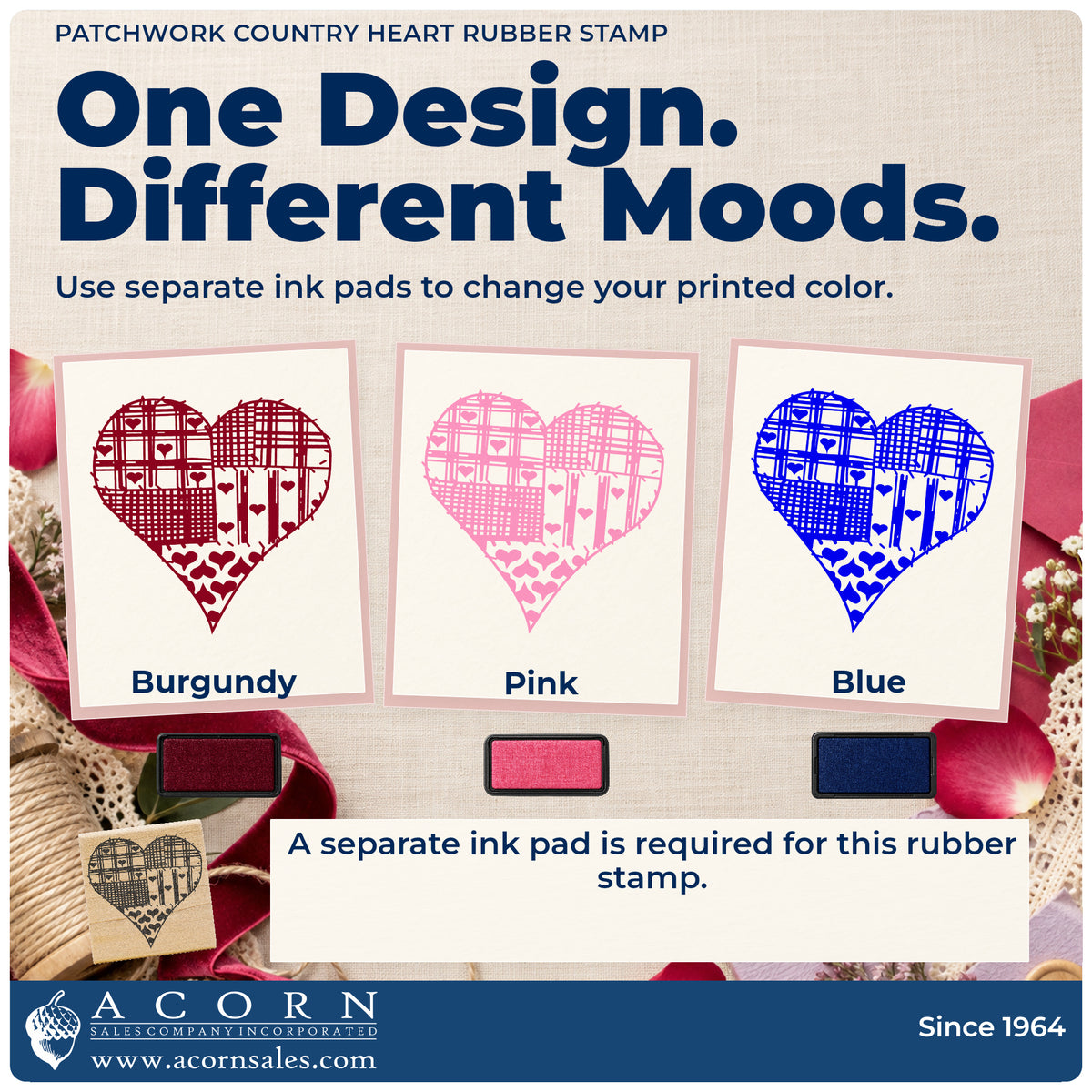 Patchwork Country Heart Rubber Stamp ink-color infographic comparing three single-color impressions and a separate ink pad.