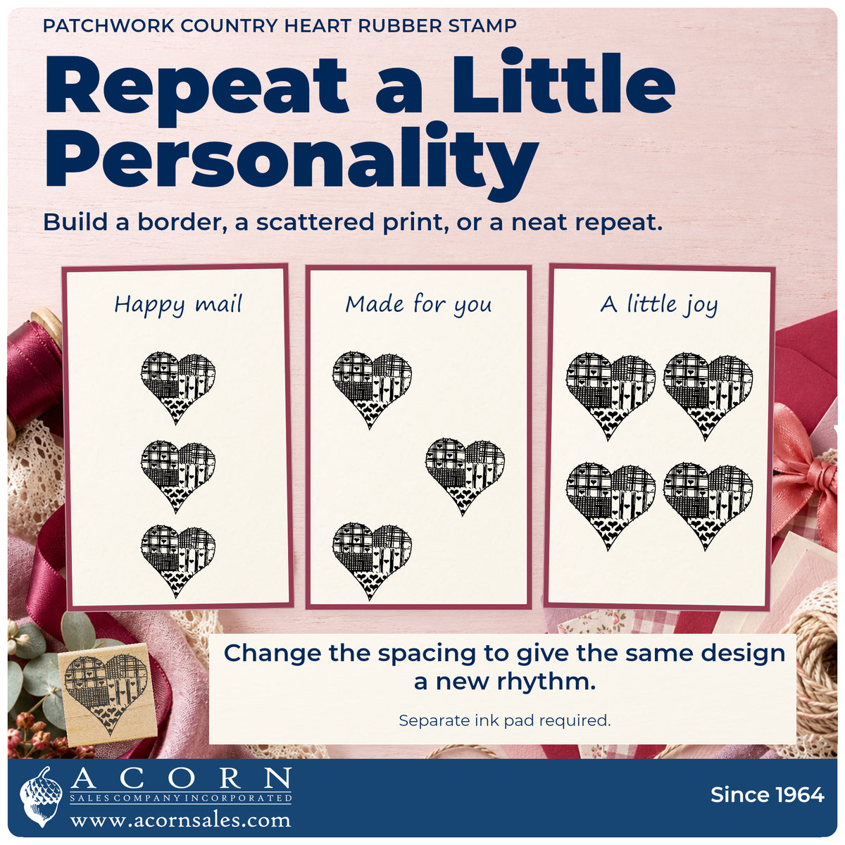 Patchwork Country Heart Rubber Stamp pattern guide showing repeated impressions in borders, scattered prints and a grid.