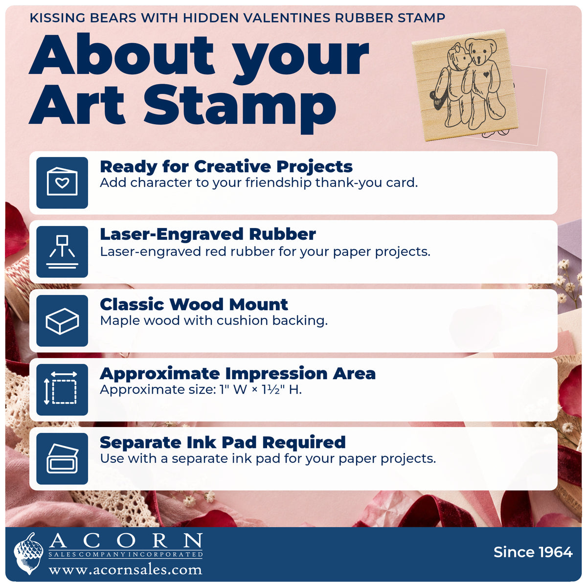 Kissing Bears with Hidden Valentines Rubber Stamp feature guide covering the wood mount, rubber construction, approximate size and separate ink pad.