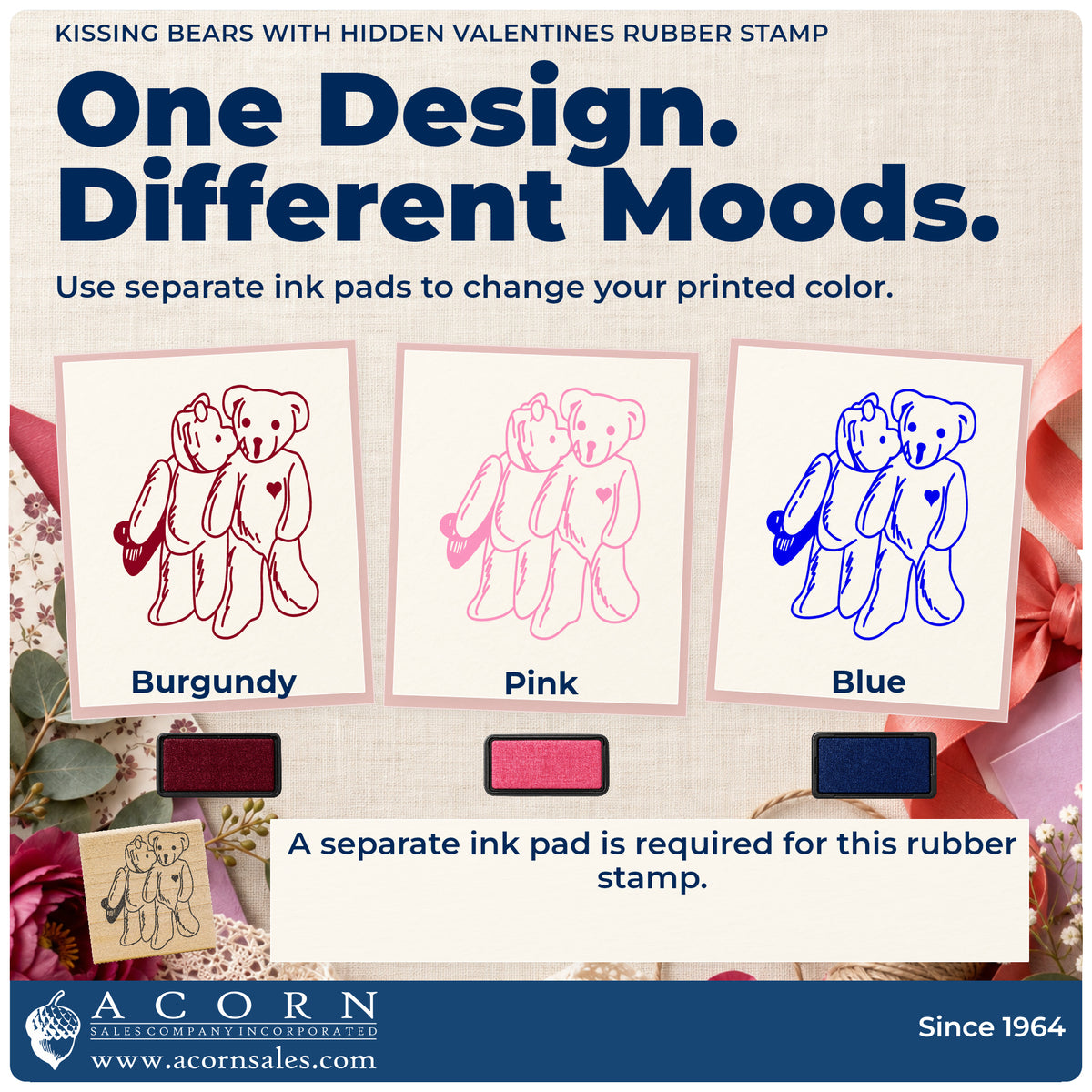Kissing Bears with Hidden Valentines Rubber Stamp ink-color infographic comparing three single-color impressions and a separate ink pad.