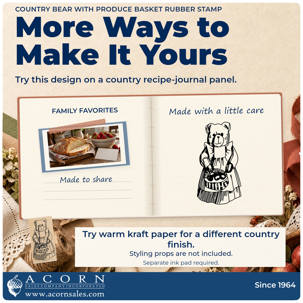 Country Bear with Produce Basket Rubber Stamp project inspiration: country recipe journal panel.