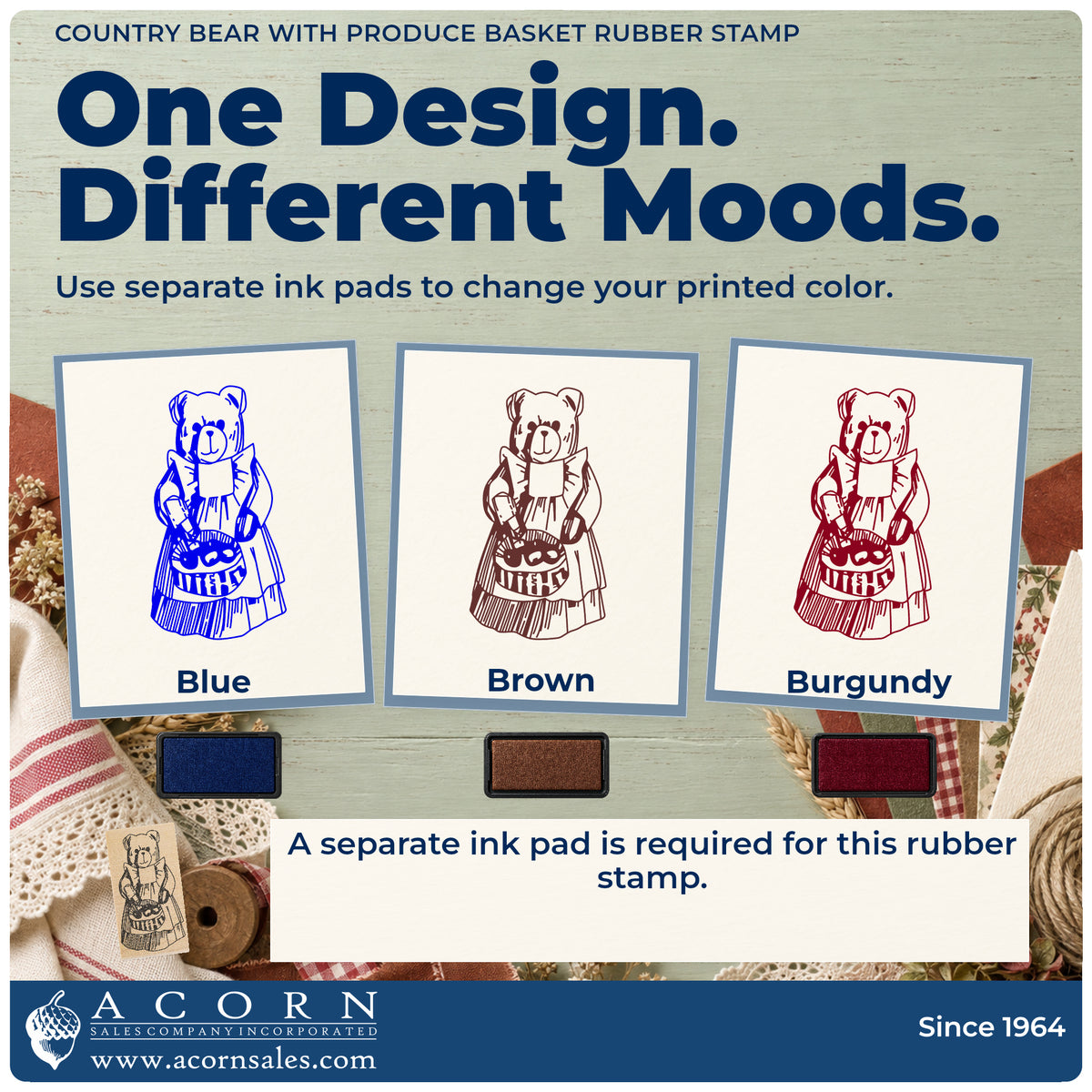 Country Bear with Produce Basket Rubber Stamp ink-color infographic comparing three single-color impressions and a separate ink pad.