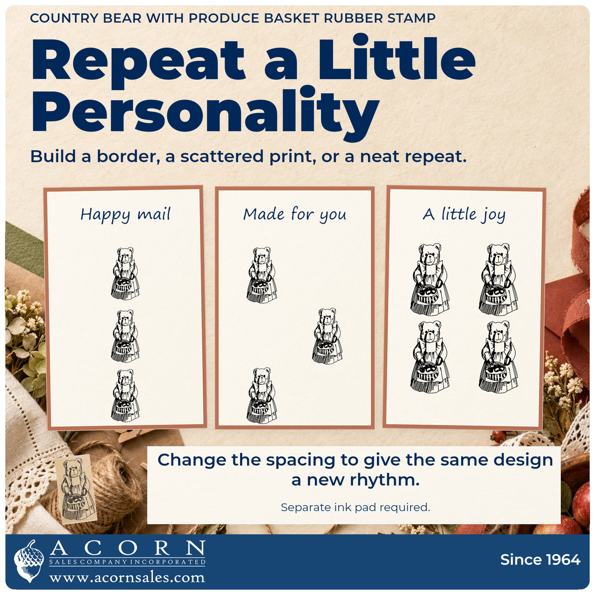 Country Bear with Produce Basket Rubber Stamp pattern guide showing repeated impressions in borders, scattered prints and a grid.