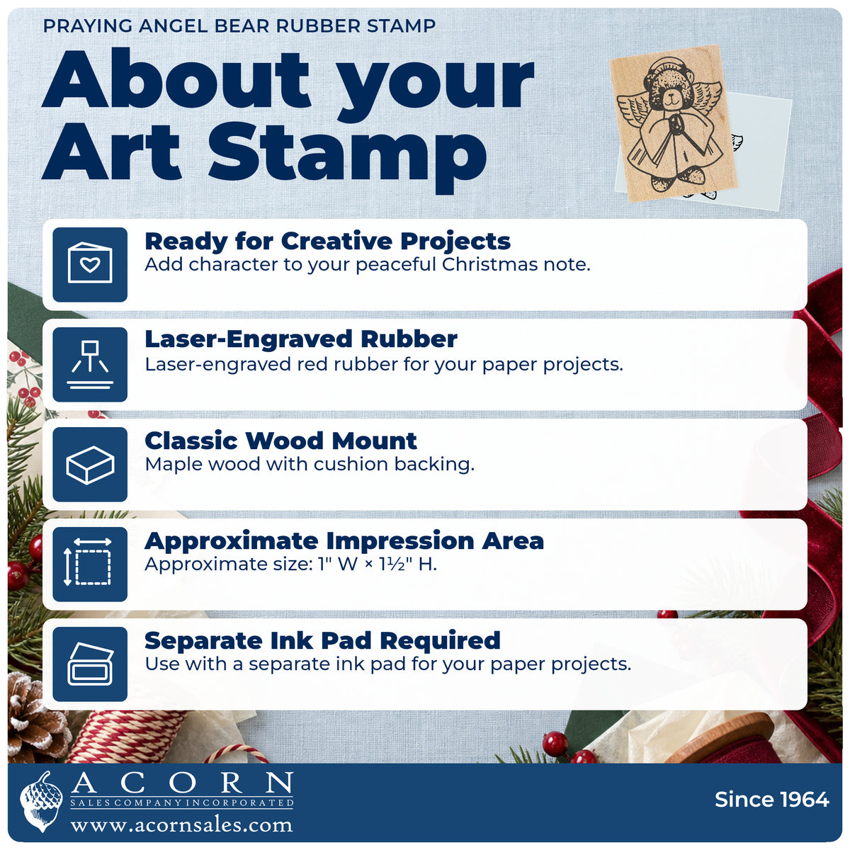 Praying Angel Bear Rubber Stamp feature guide covering the wood mount, rubber construction, approximate size and separate ink pad.