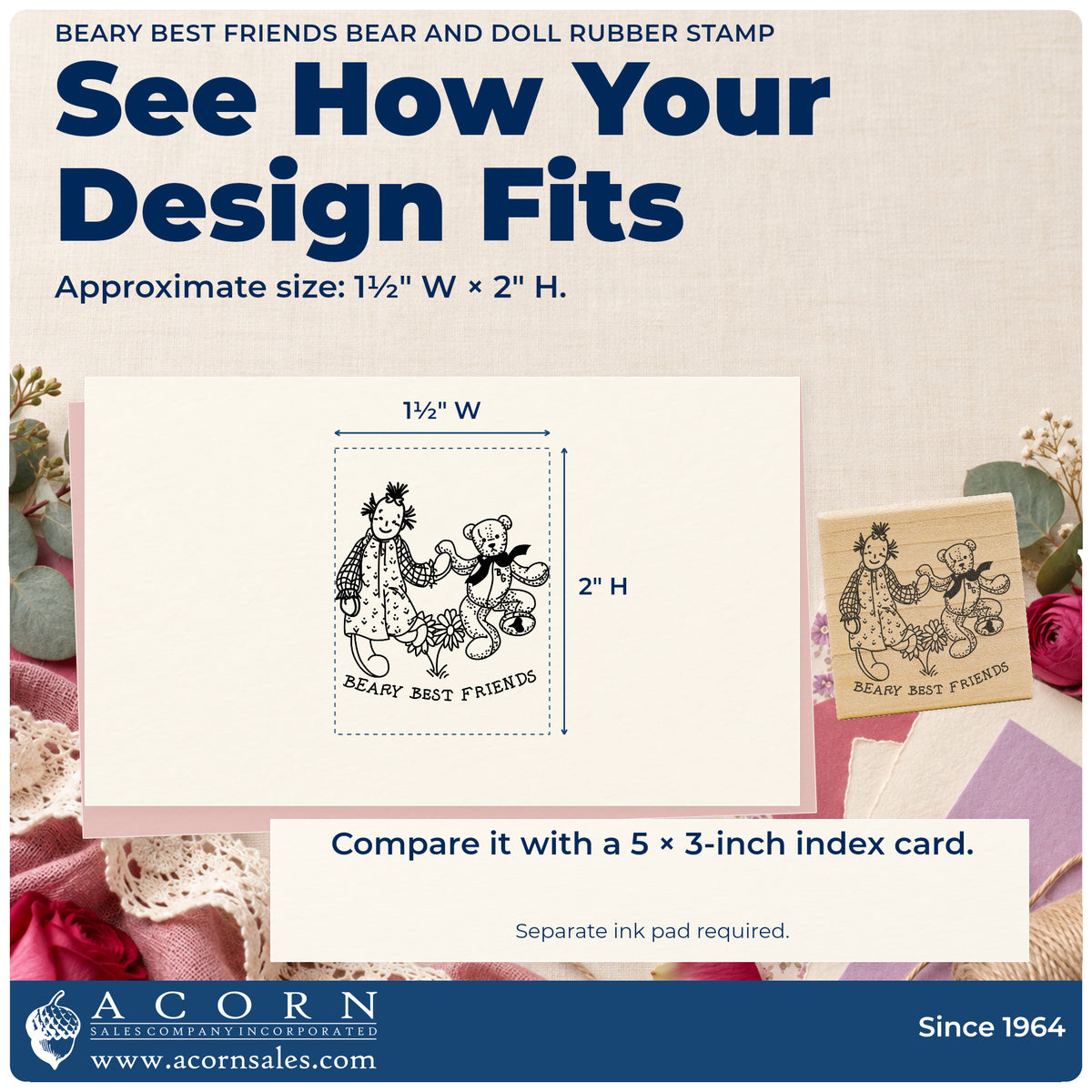 Beary Best Friends Bear and Doll Rubber Stamp impression-size guide showing the design on a paper reference with dimension labels.
