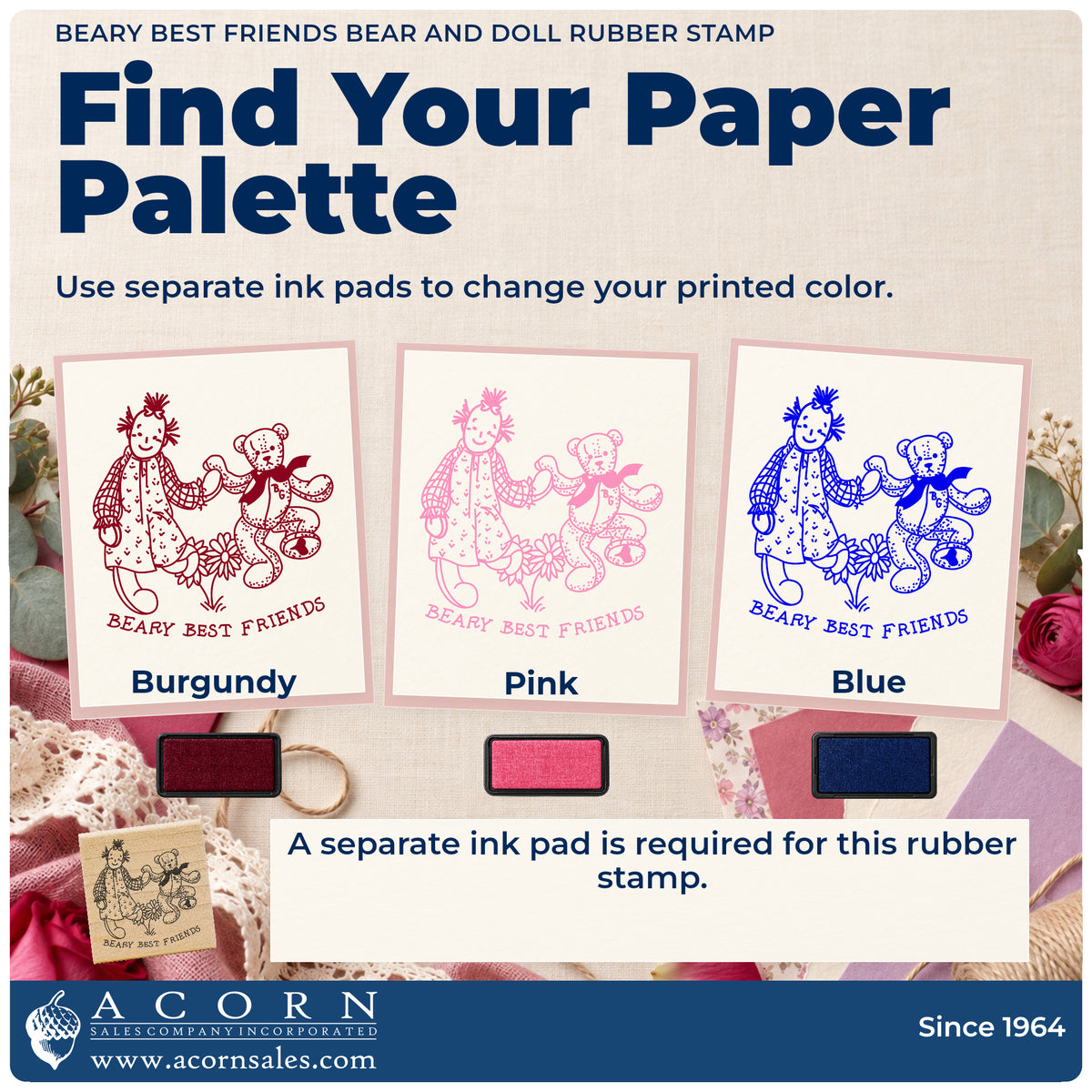 Beary Best Friends Bear and Doll Rubber Stamp ink-color infographic comparing three single-color impressions and a separate ink pad.