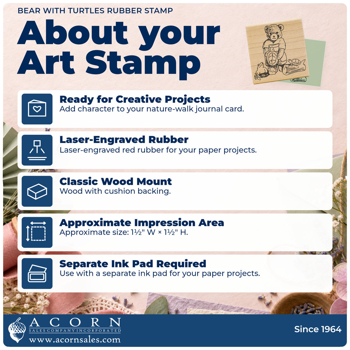 Bear with Turtles Rubber Stamp feature guide covering the wood mount, rubber construction, approximate size and separate ink pad.