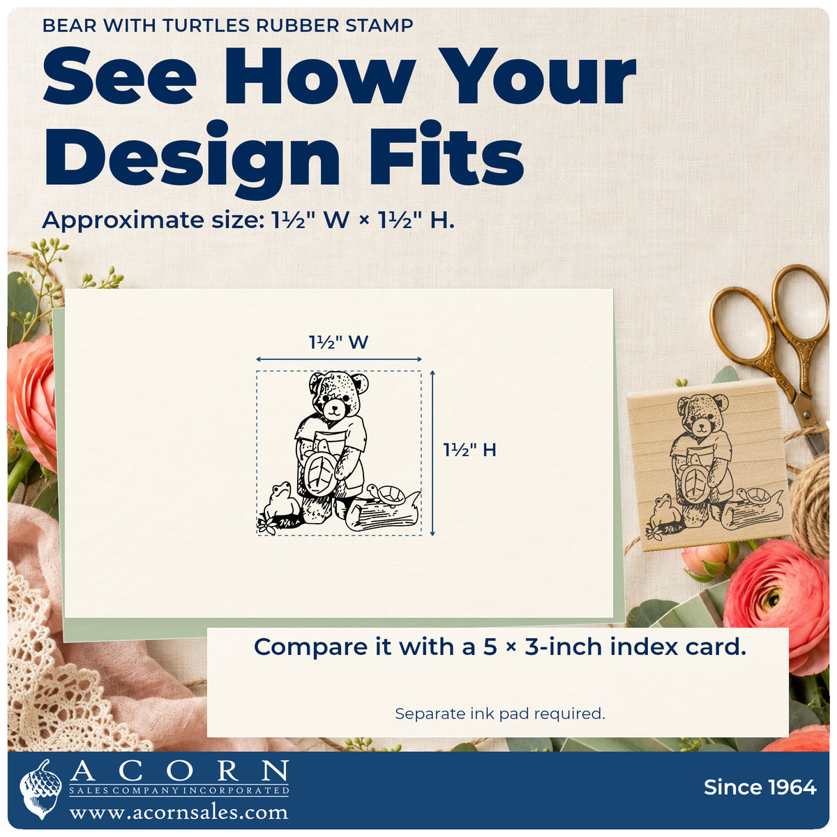 Bear with Turtles Rubber Stamp impression-size guide showing the design on a paper reference with dimension labels.