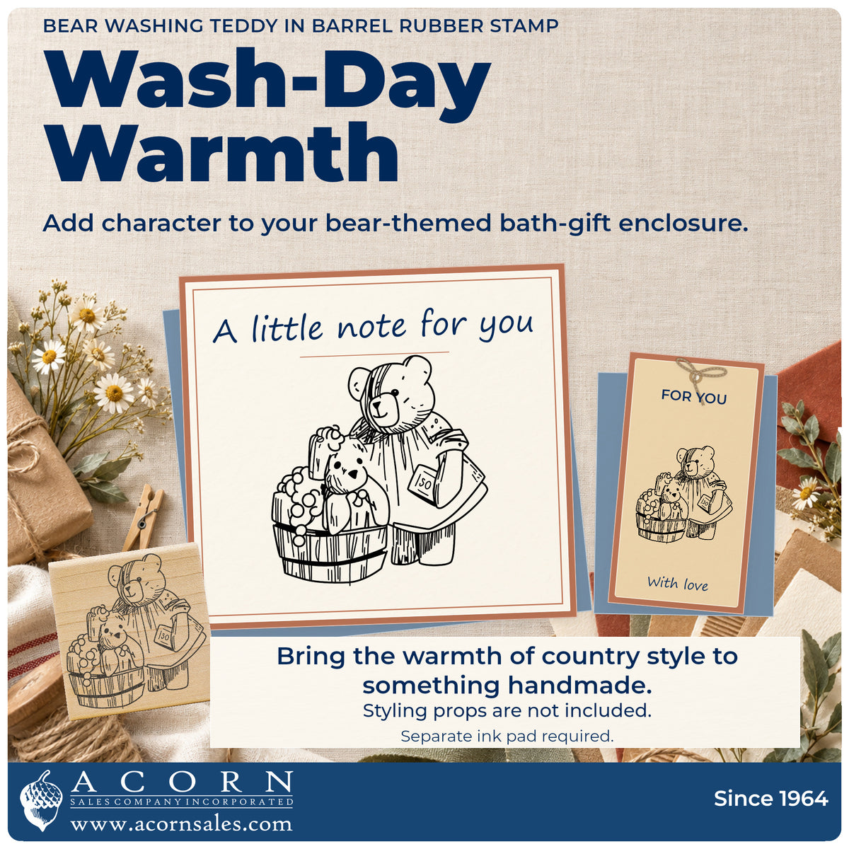 Bear Washing Teddy in Barrel Rubber Stamp project inspiration: bear themed bath gift enclosure.