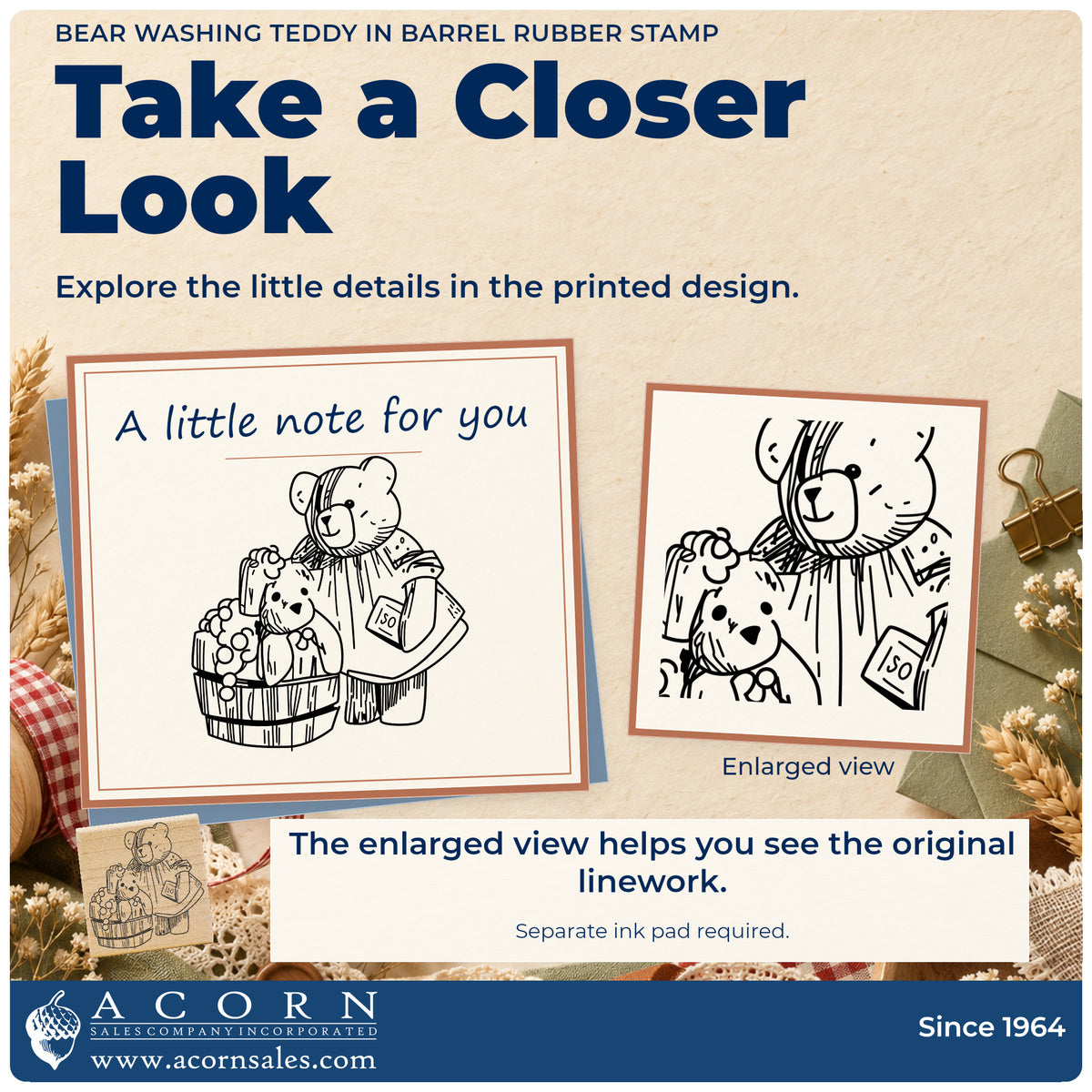 Bear Washing Teddy in Barrel Rubber Stamp detail infographic with an enlarged view of the printed design.