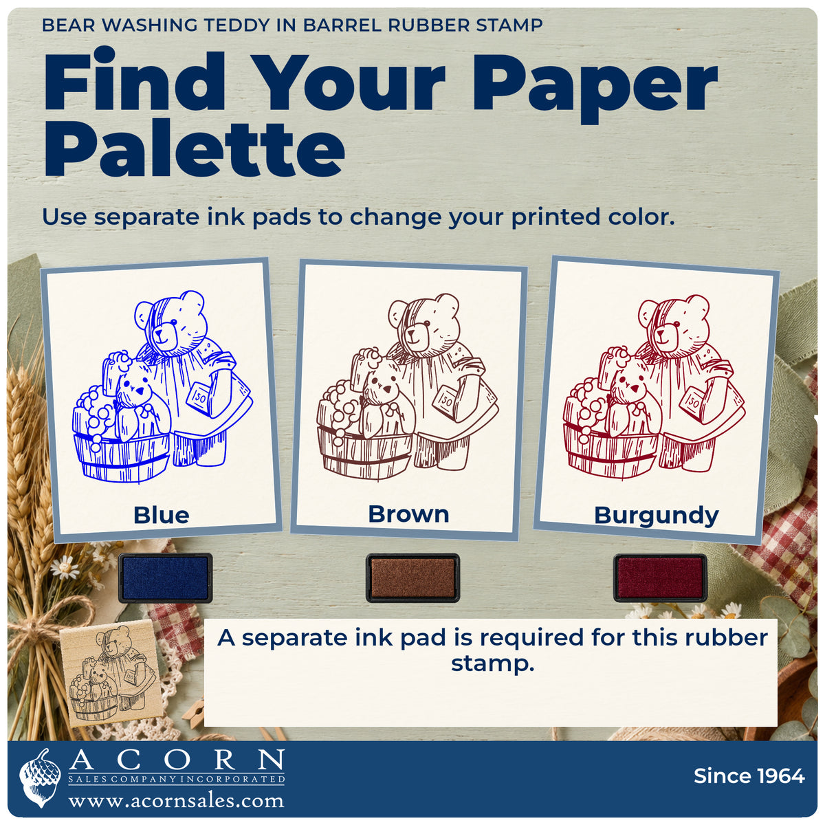 Bear Washing Teddy in Barrel Rubber Stamp ink-color infographic comparing three single-color impressions and a separate ink pad.