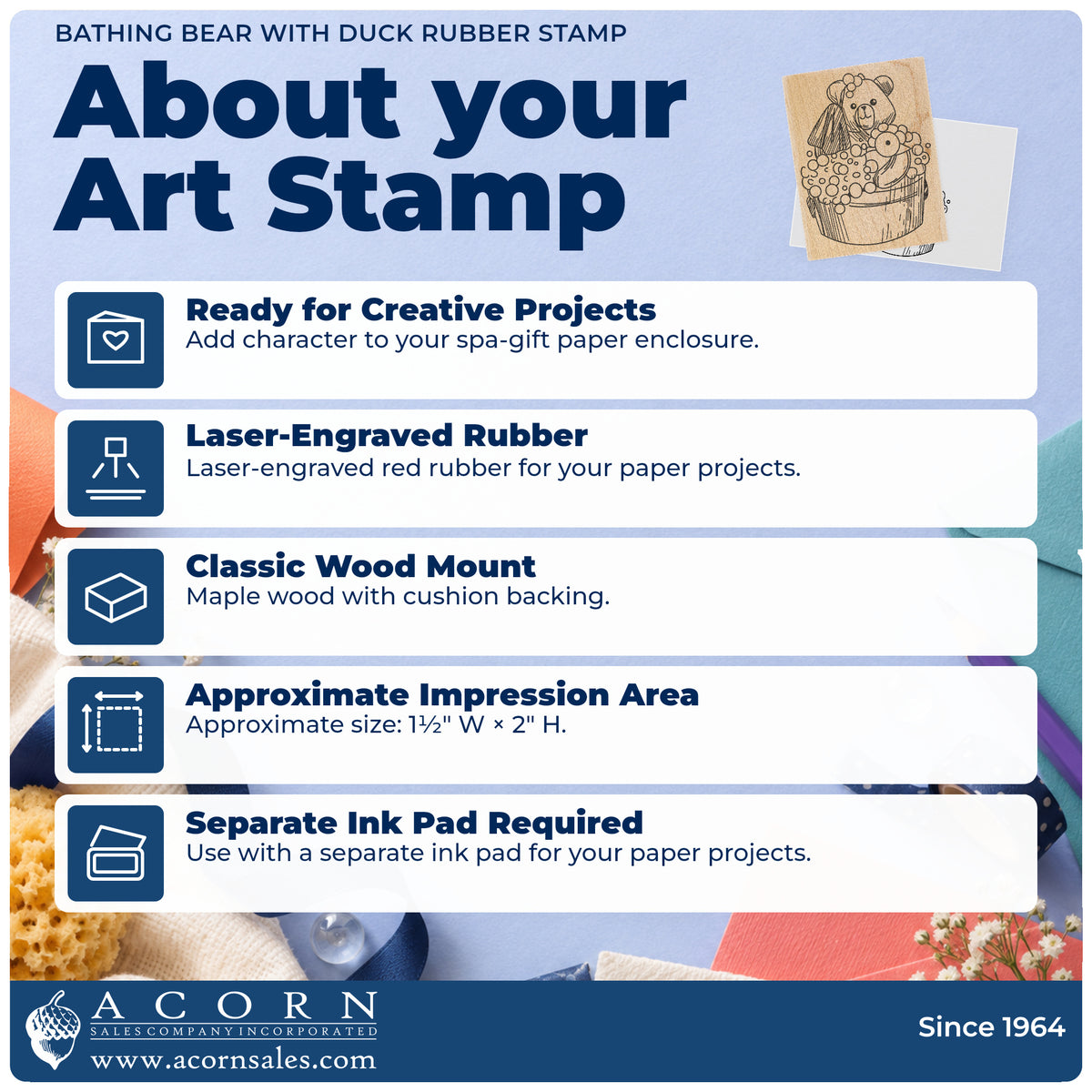 Bathing Bear with Duck Rubber Stamp feature guide covering the wood mount, rubber construction, approximate size and separate ink pad.