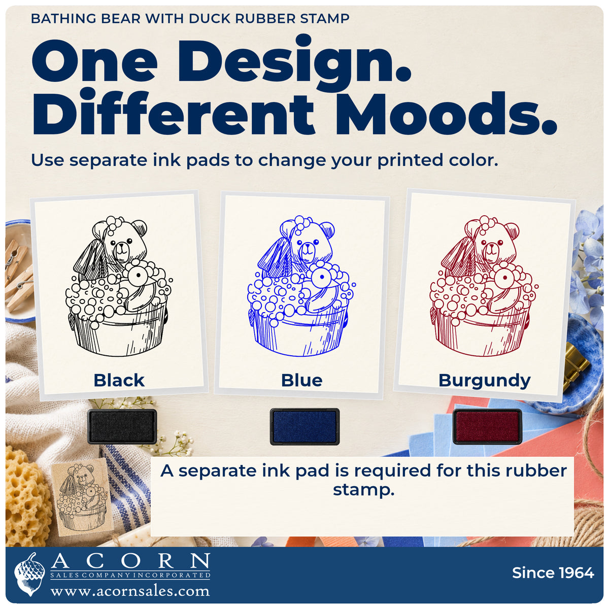 Bathing Bear with Duck Rubber Stamp ink-color infographic comparing three single-color impressions and a separate ink pad.