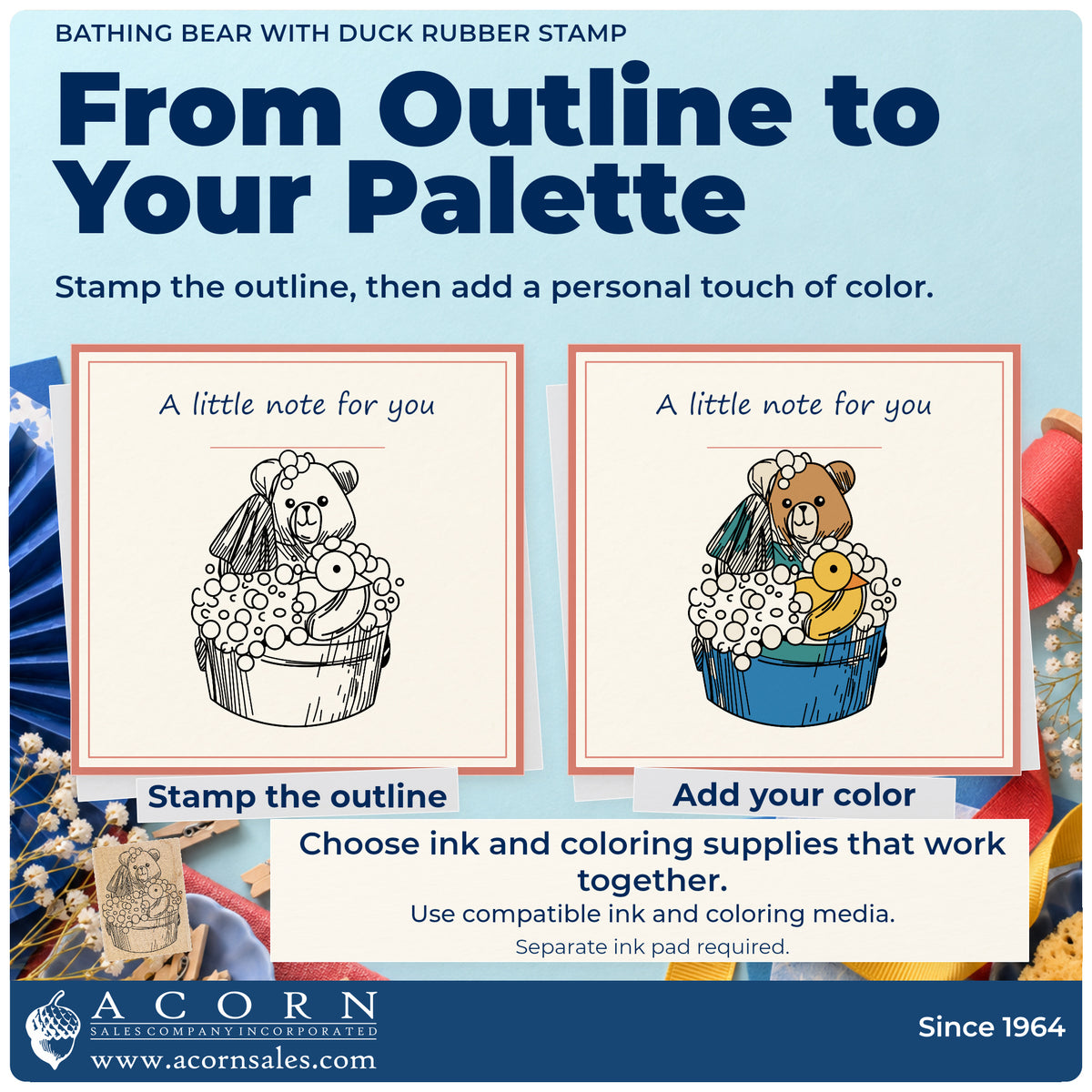 Bathing Bear with Duck Rubber Stamp stamp-and-color guide comparing an outline impression with a colored example.