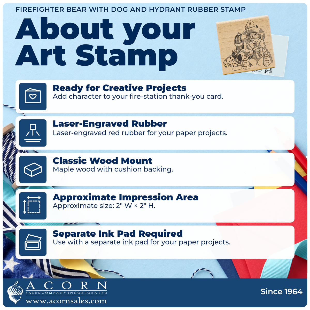Firefighter Bear with Dog and Hydrant Rubber Stamp feature guide covering the wood mount, rubber construction, approximate size and separate ink pad.