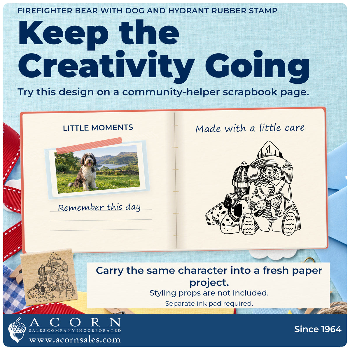 Firefighter Bear with Dog and Hydrant Rubber Stamp project inspiration: community helper scrapbook page.