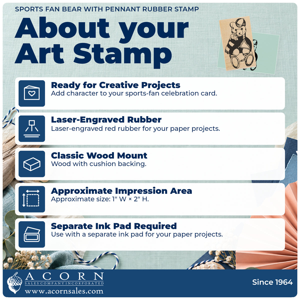 Sports Fan Bear with Pennant Rubber Stamp feature guide covering the wood mount, rubber construction, approximate size and separate ink pad.