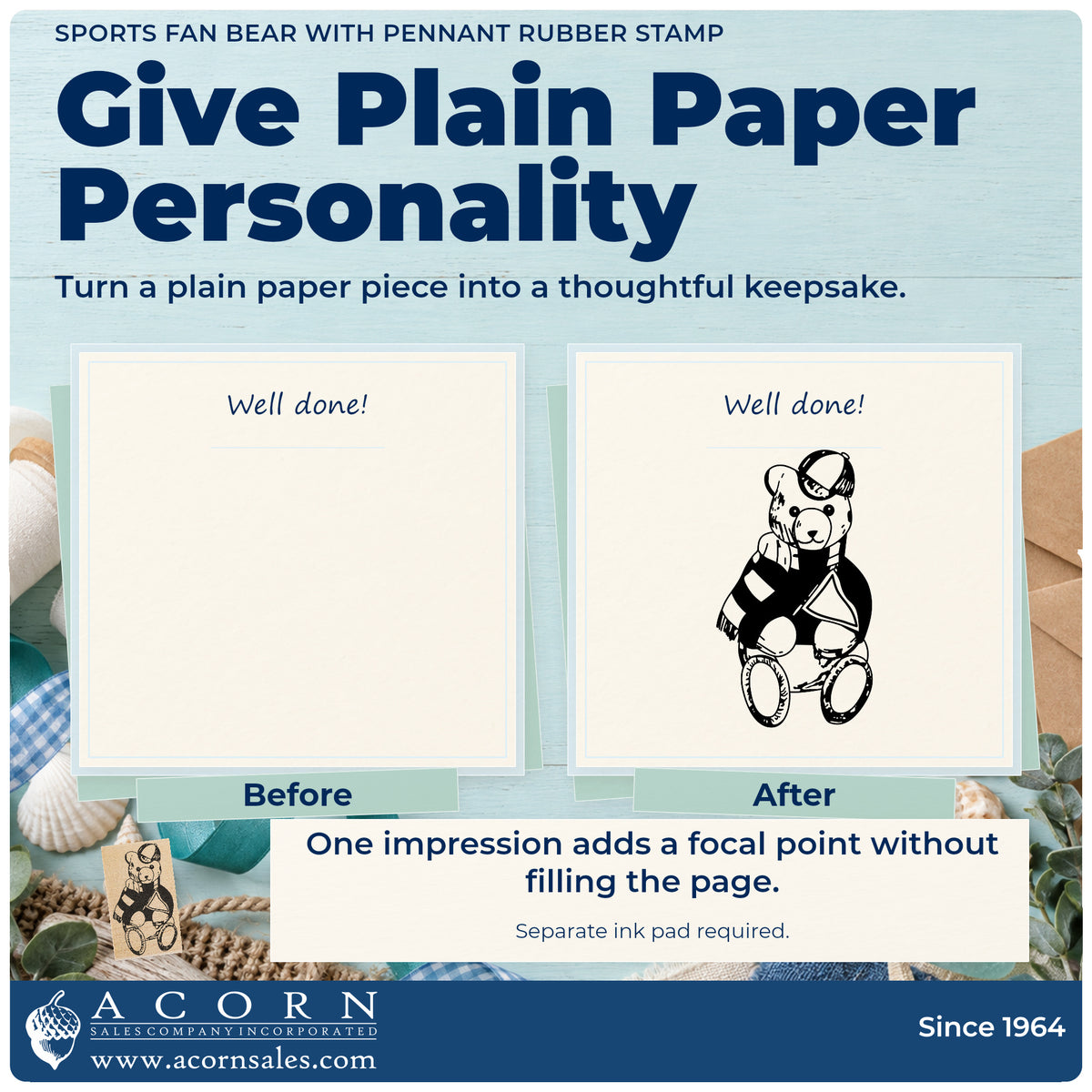 Sports Fan Bear with Pennant Rubber Stamp before-and-after infographic comparing plain paper with the stamped project.