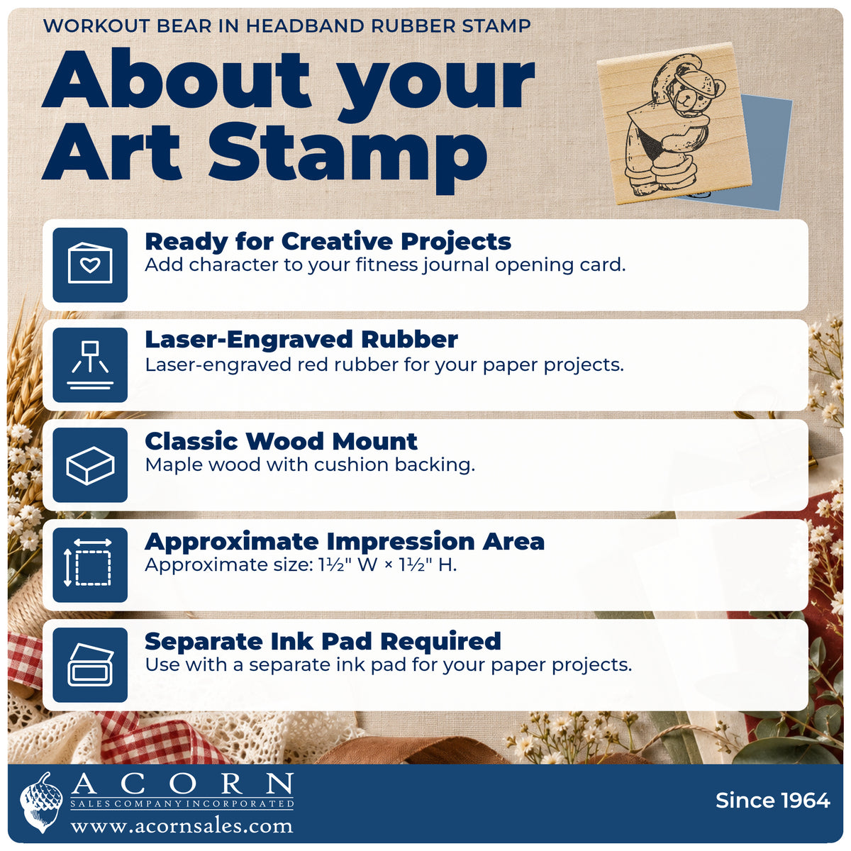 Workout Bear in Headband Rubber Stamp feature guide covering the wood mount, rubber construction, approximate size and separate ink pad.