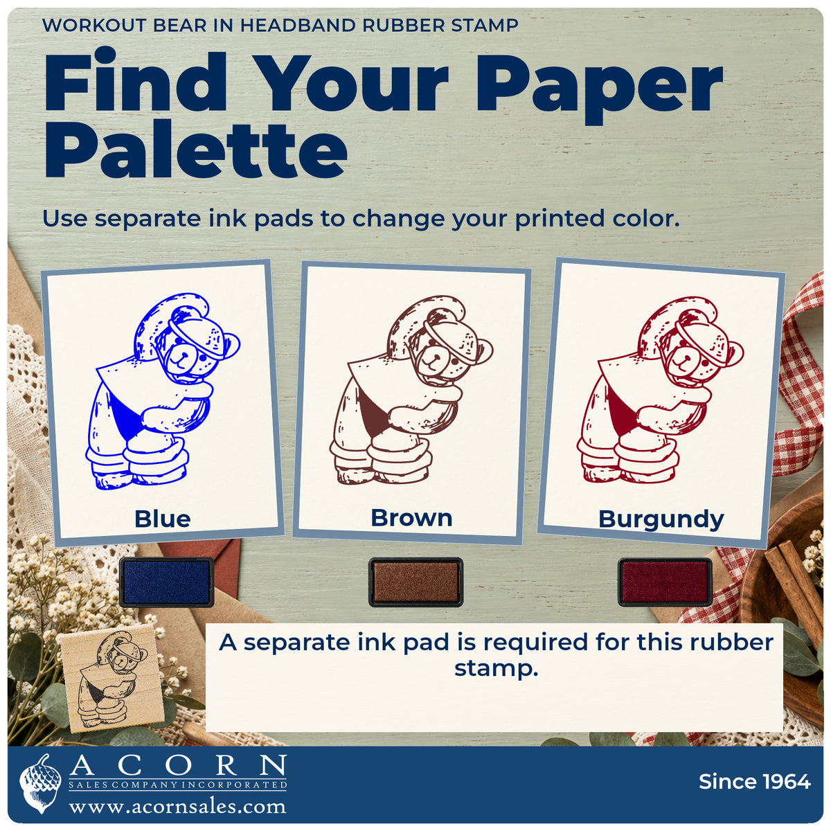 Workout Bear in Headband Rubber Stamp ink-color infographic comparing three single-color impressions and a separate ink pad.