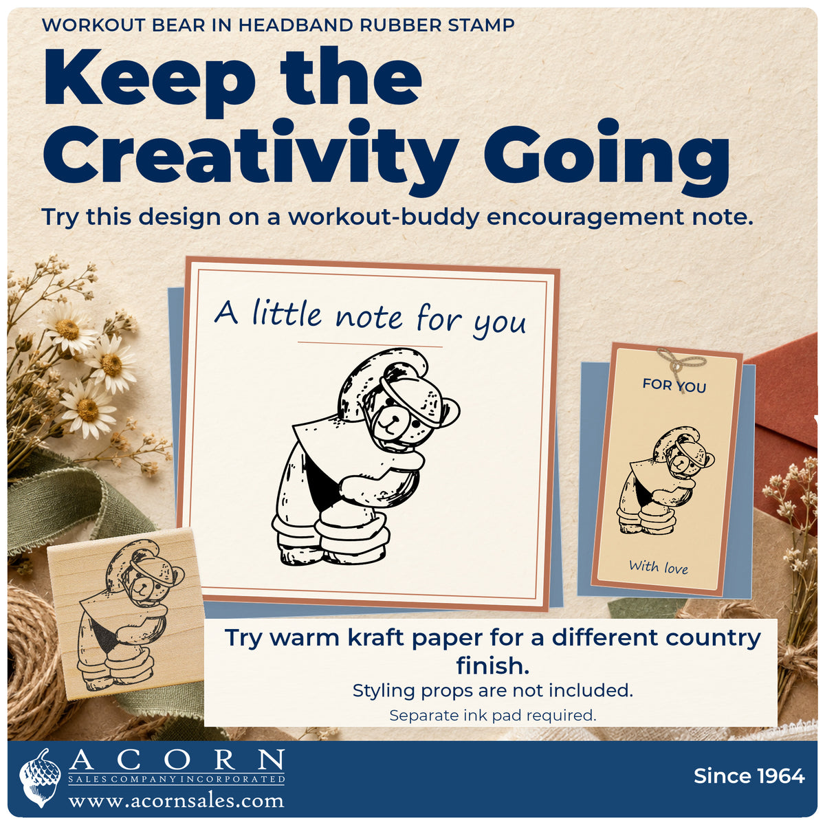 Workout Bear in Headband Rubber Stamp project inspiration: workout buddy encouragement note.