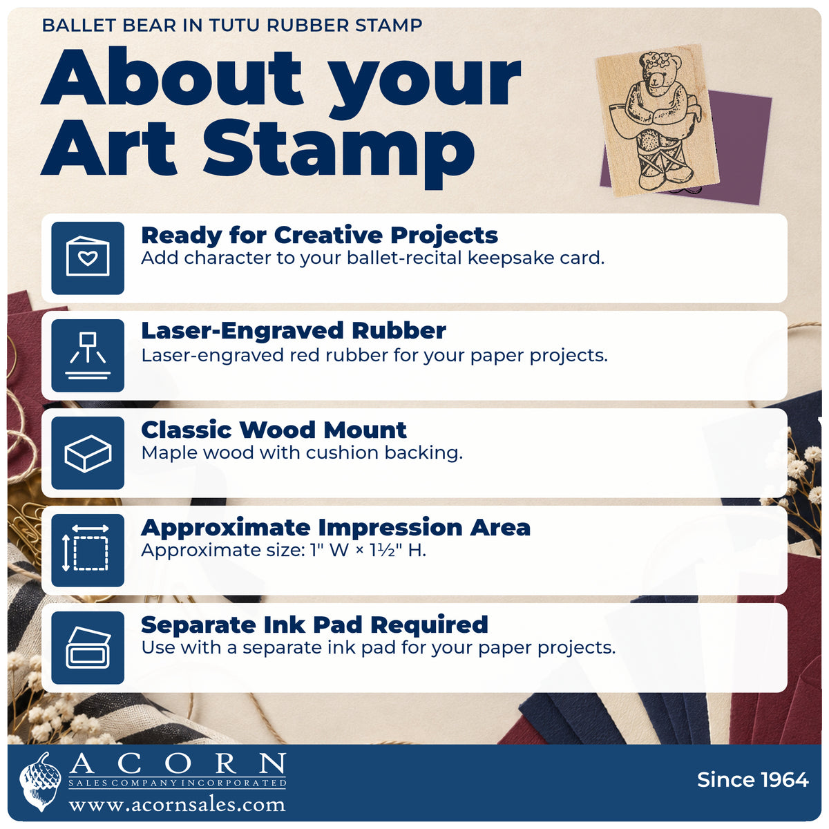 Ballet Bear in Tutu Rubber Stamp feature guide covering the wood mount, rubber construction, approximate size and separate ink pad.