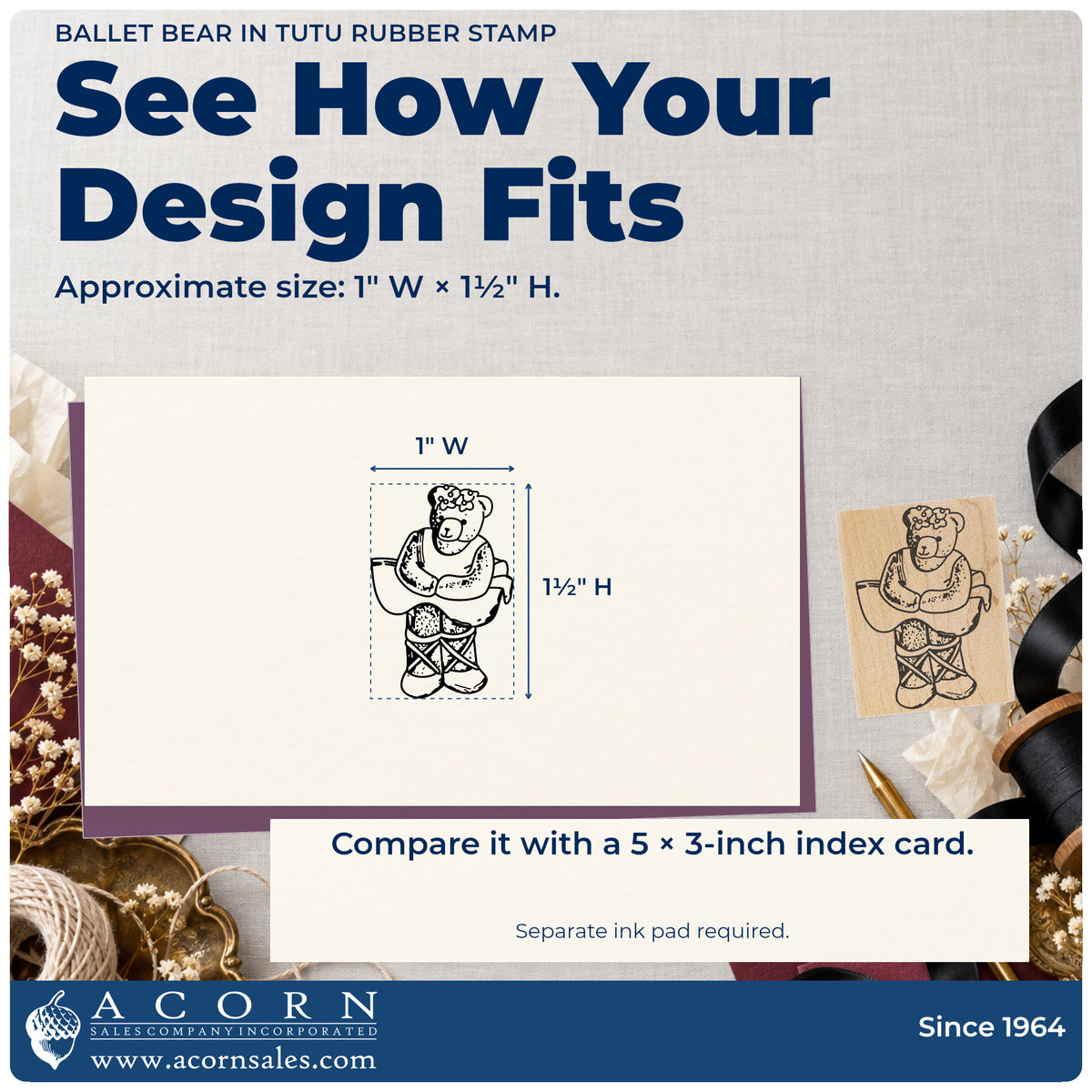 Ballet Bear in Tutu Rubber Stamp impression-size guide showing the design on a paper reference with dimension labels.