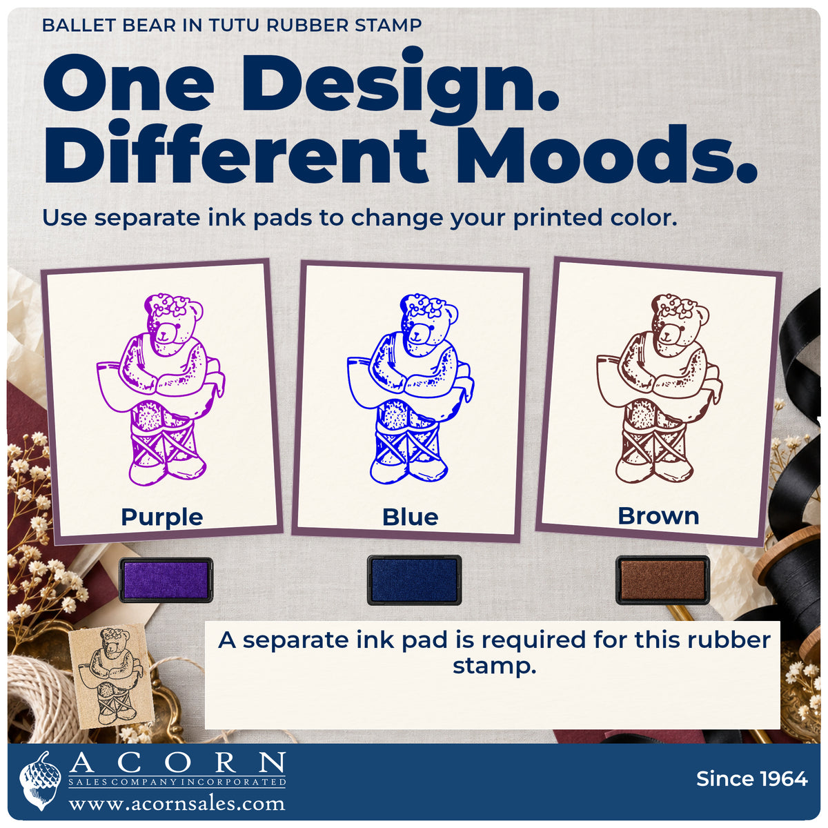 Ballet Bear in Tutu Rubber Stamp ink-color infographic comparing three single-color impressions and a separate ink pad.
