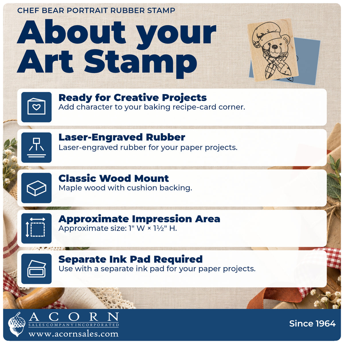 Chef Bear Portrait Rubber Stamp feature guide covering the wood mount, rubber construction, approximate size and separate ink pad.