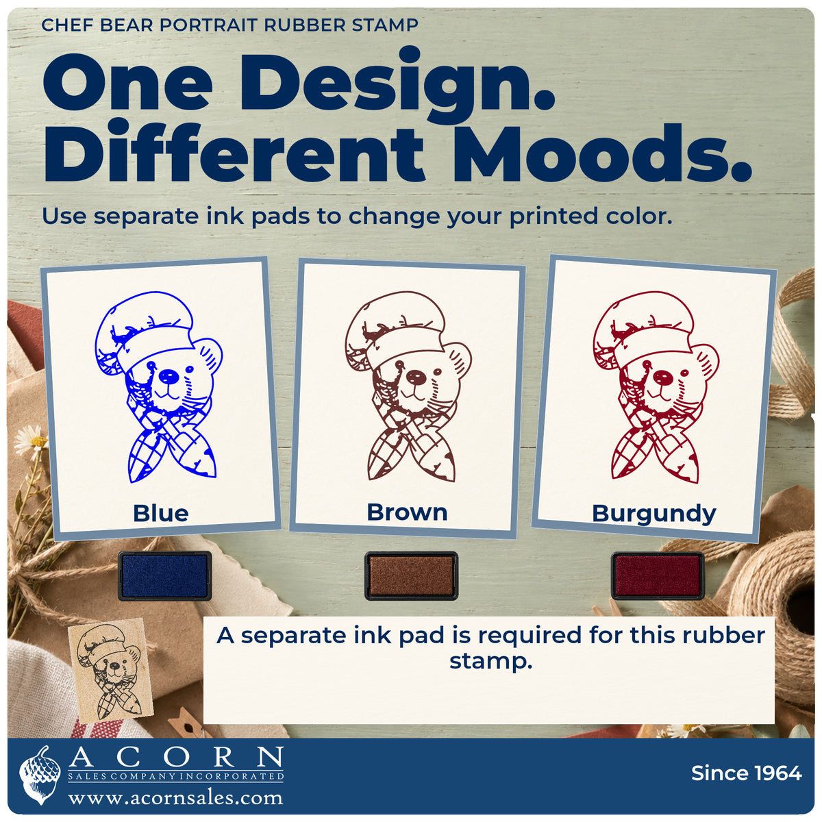 Chef Bear Portrait Rubber Stamp ink-color infographic comparing three single-color impressions and a separate ink pad.
