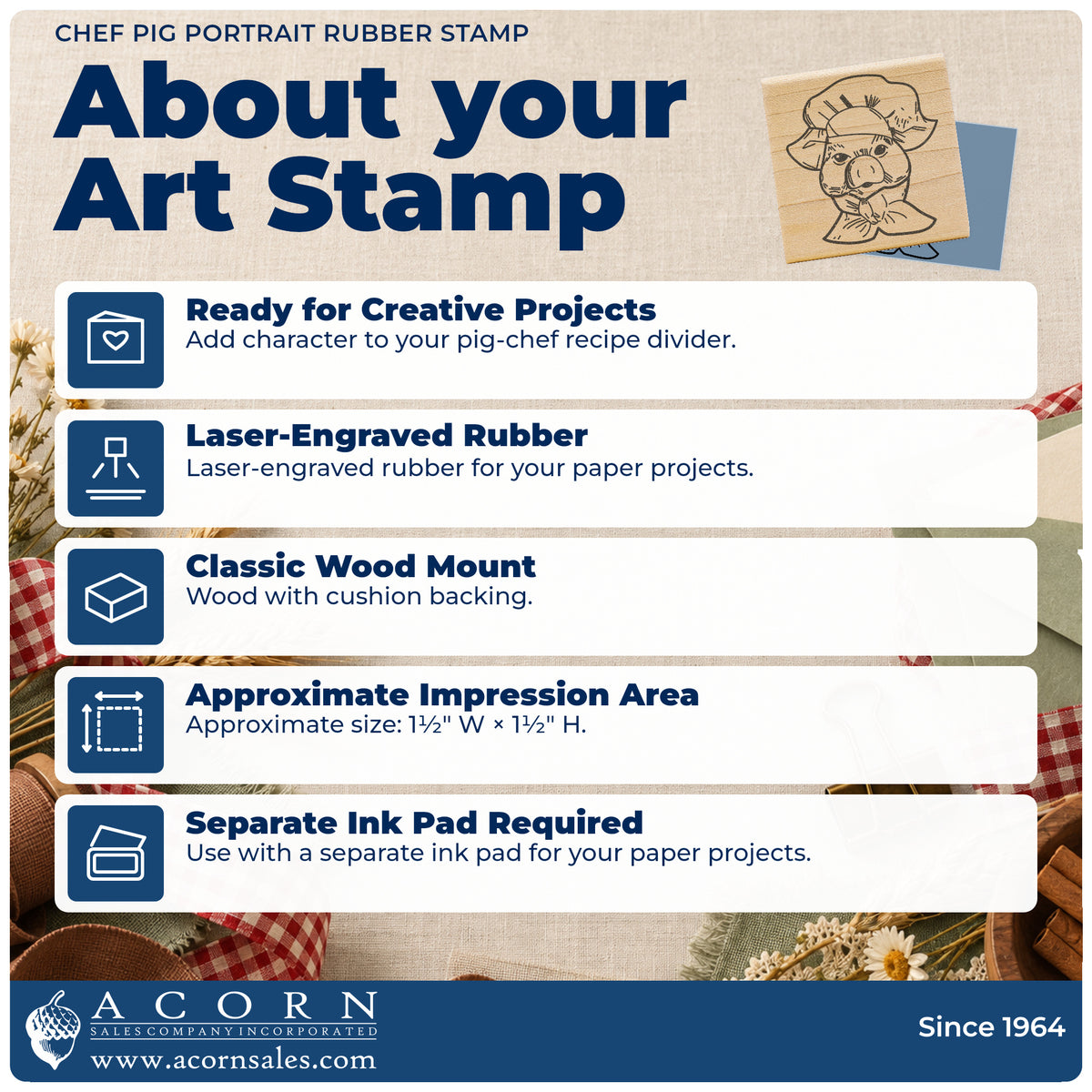Chef Pig Portrait Rubber Stamp feature guide covering the wood mount, rubber construction, approximate size and separate ink pad.