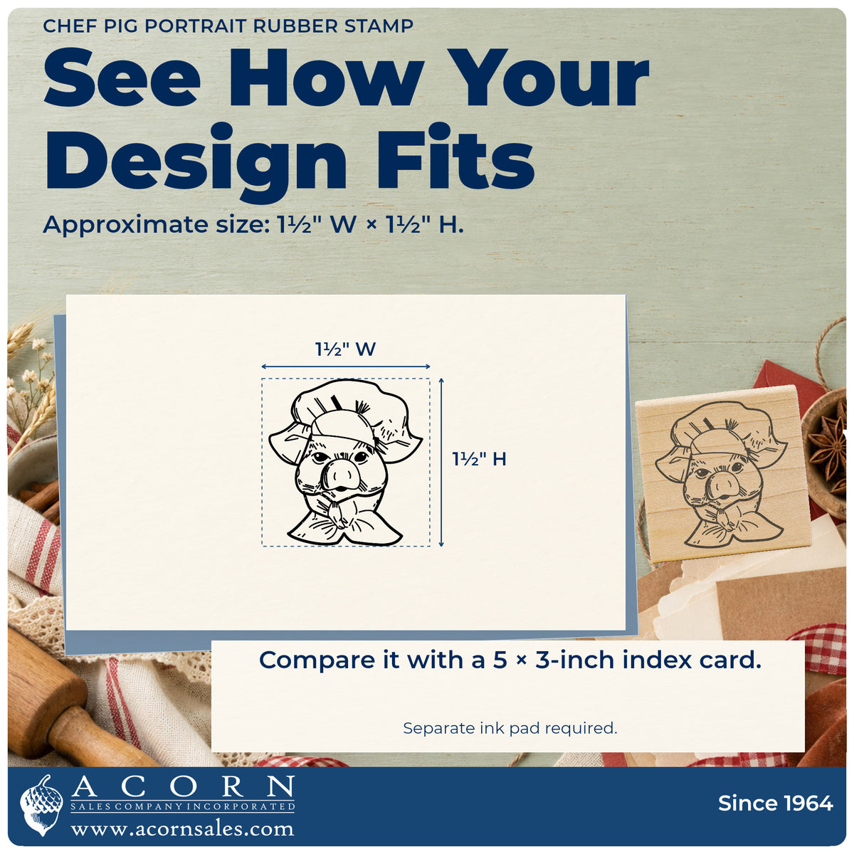 Chef Pig Portrait Rubber Stamp impression-size guide showing the design on a paper reference with dimension labels.
