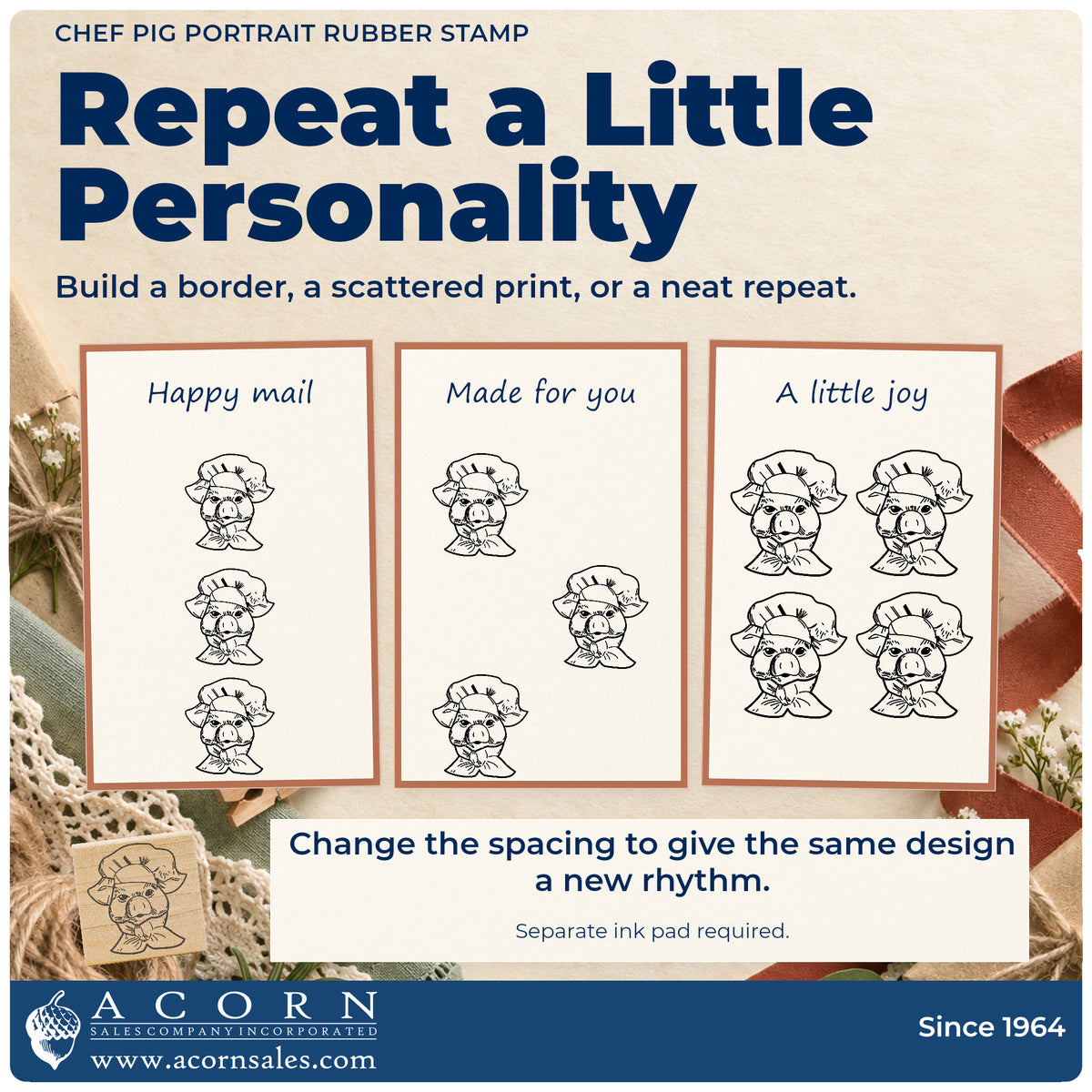 Chef Pig Portrait Rubber Stamp pattern guide showing repeated impressions in borders, scattered prints and a grid.