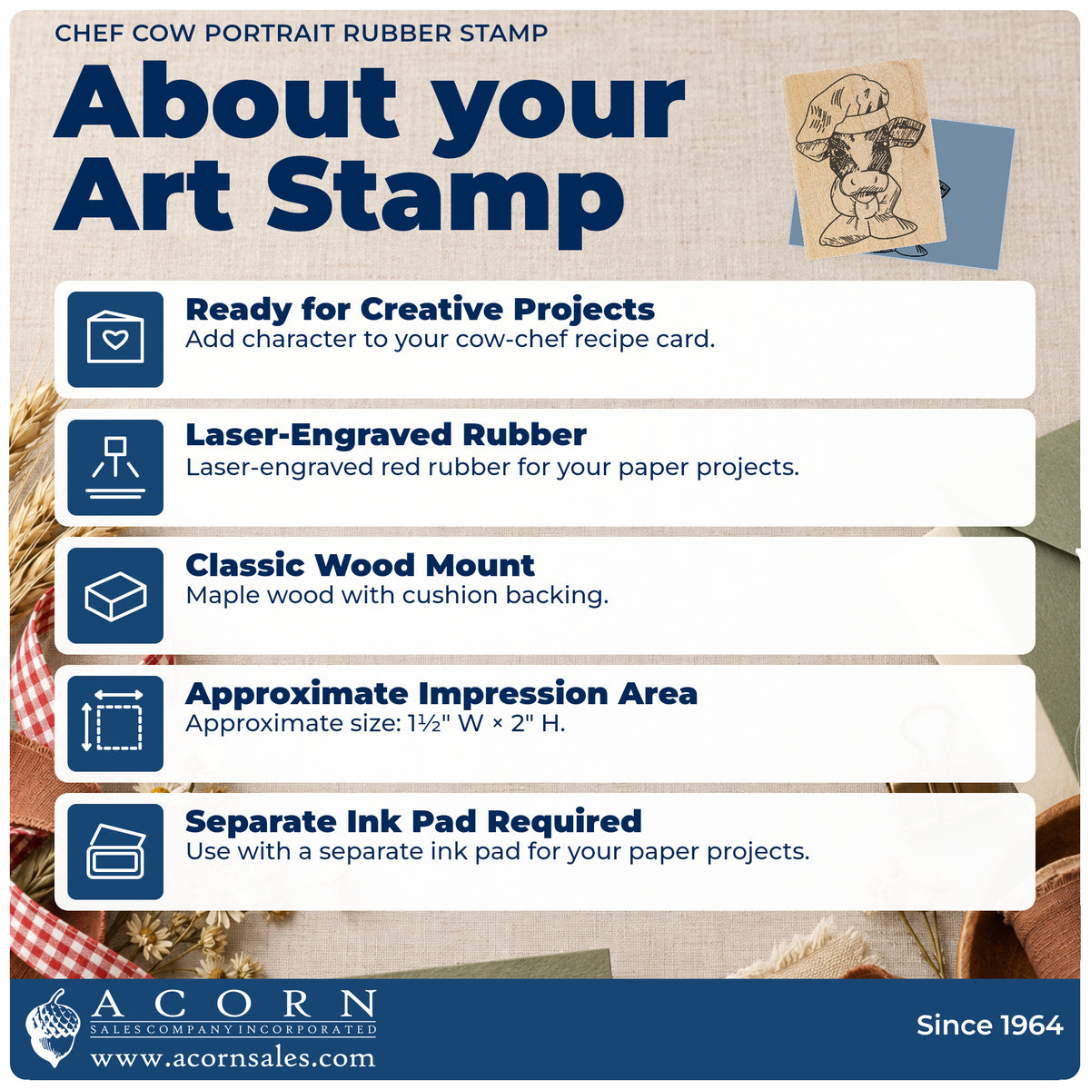 Chef Cow Portrait Rubber Stamp feature guide covering the wood mount, rubber construction, approximate size and separate ink pad.