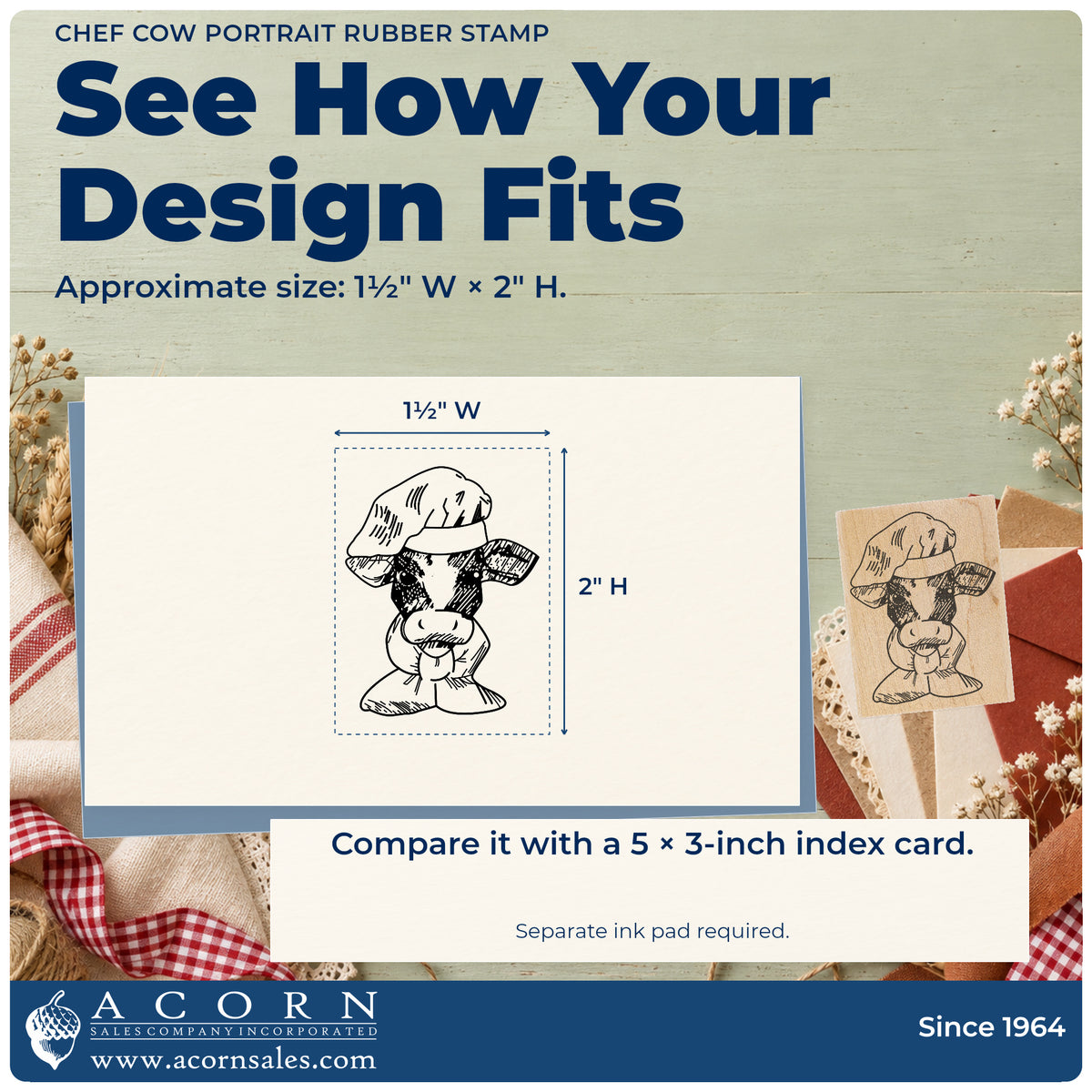Chef Cow Portrait Rubber Stamp impression-size guide showing the design on a paper reference with dimension labels.