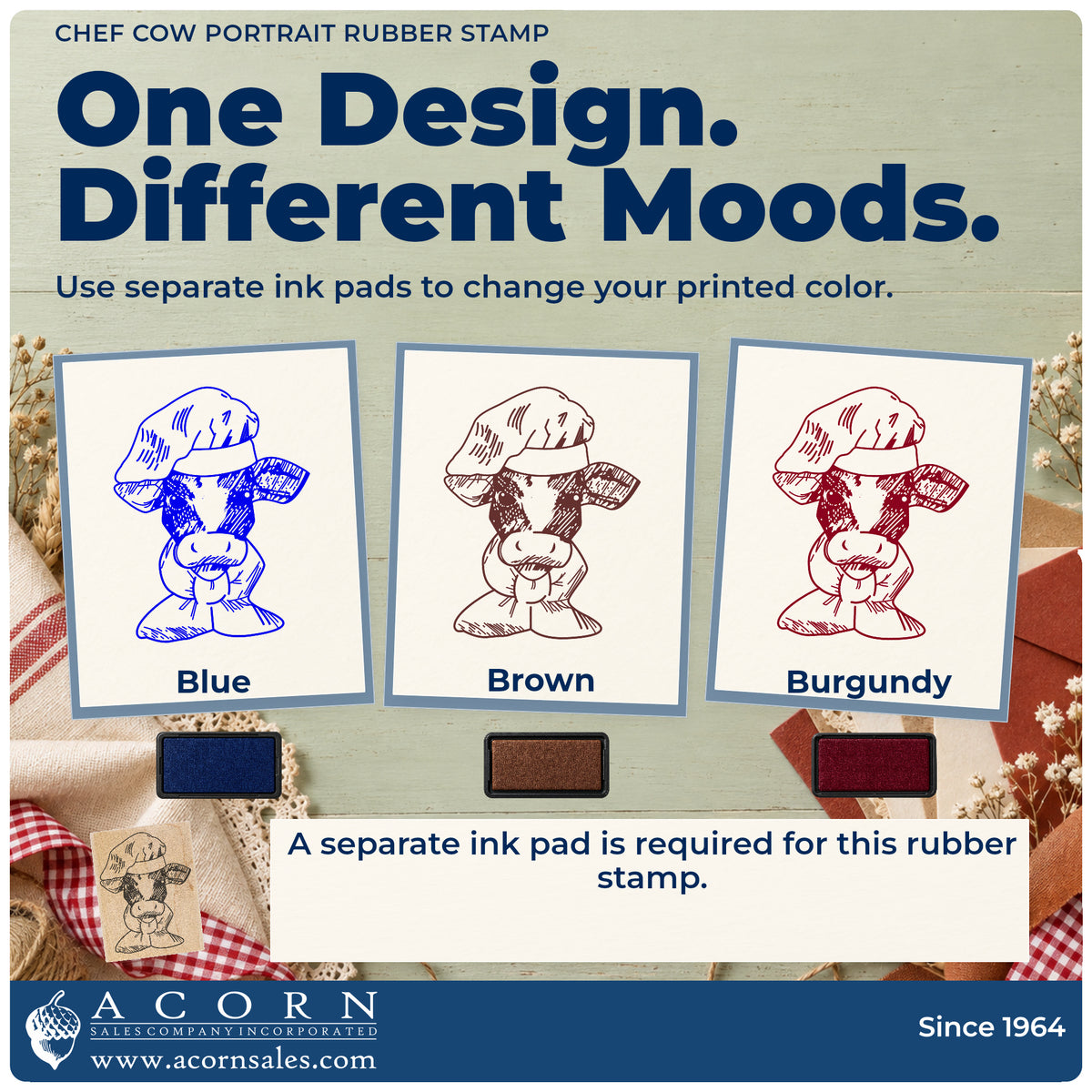 Chef Cow Portrait Rubber Stamp ink-color infographic comparing three single-color impressions and a separate ink pad.