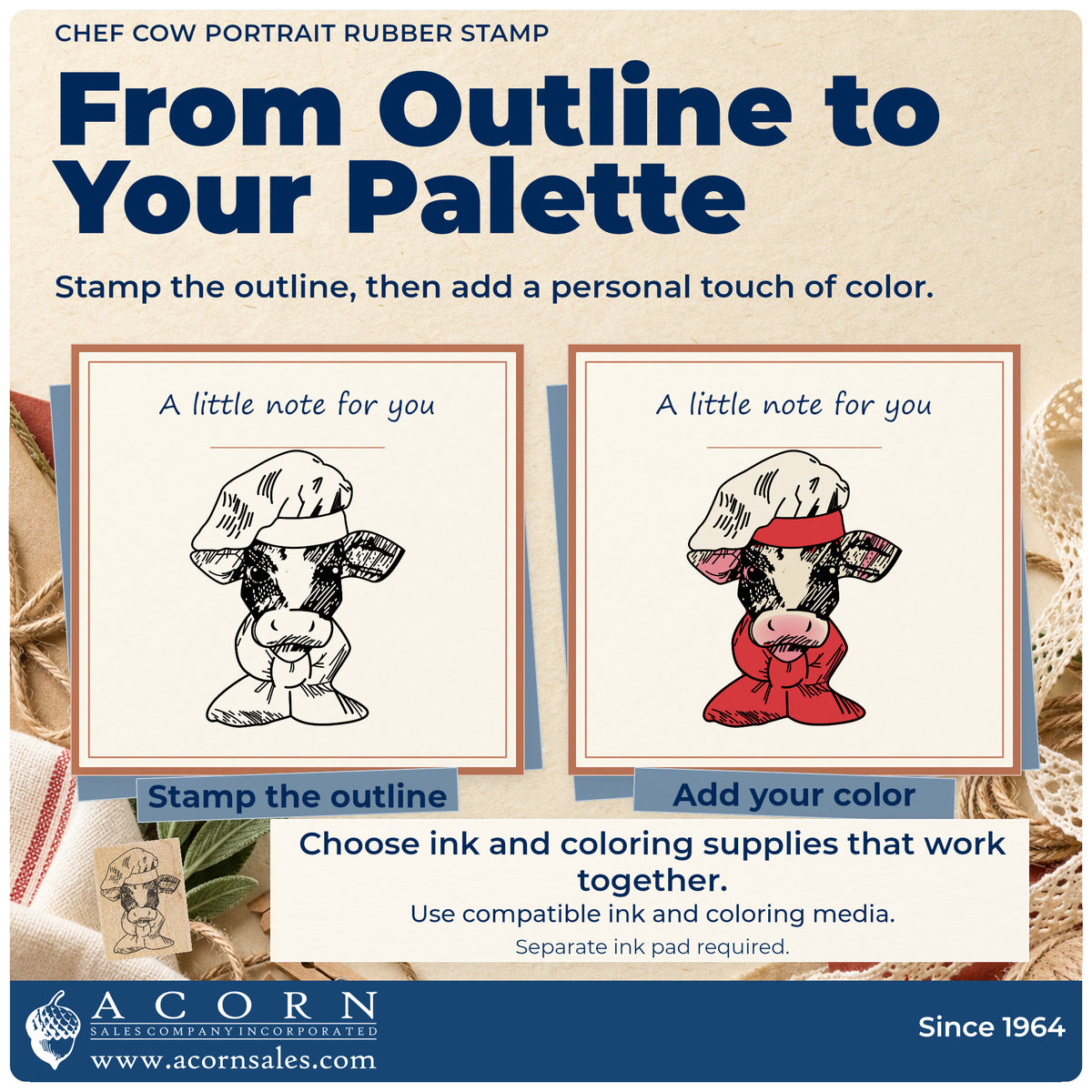 Chef Cow Portrait Rubber Stamp stamp-and-color guide comparing an outline impression with a colored example.