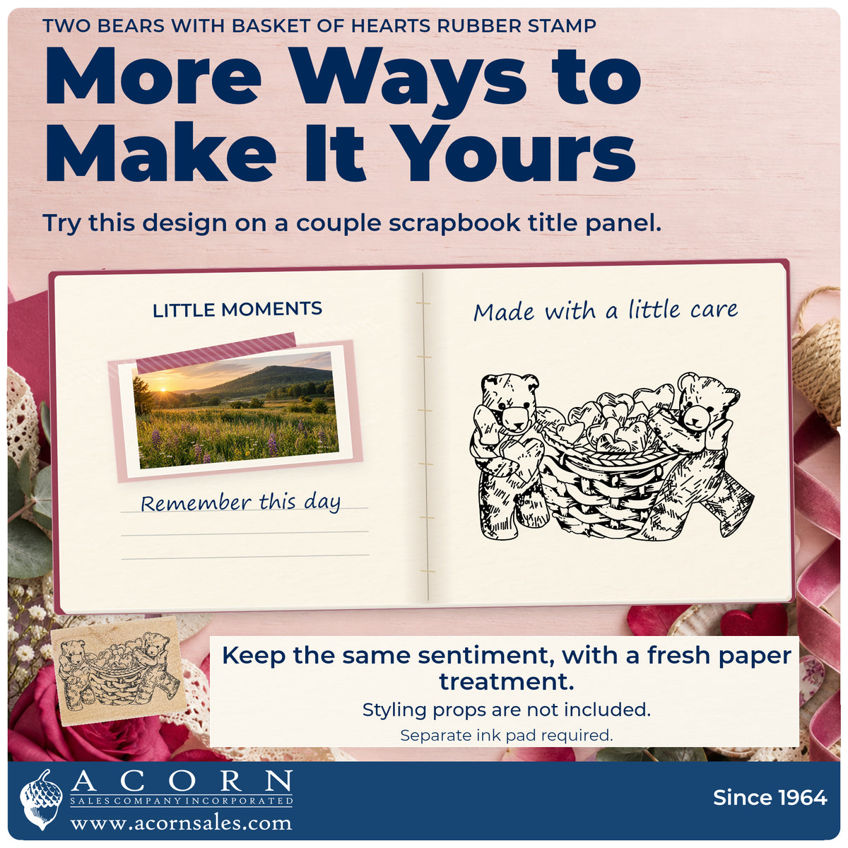 Two Bears with Basket of Hearts Rubber Stamp project inspiration: couple scrapbook title panel.