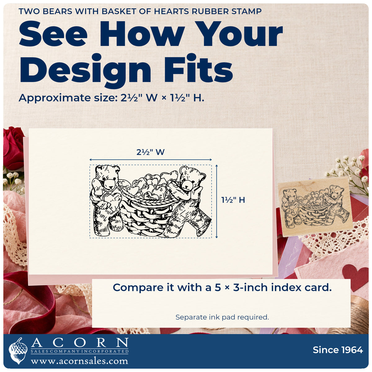 Two Bears with Basket of Hearts Rubber Stamp impression-size guide showing the design on a paper reference with dimension labels.