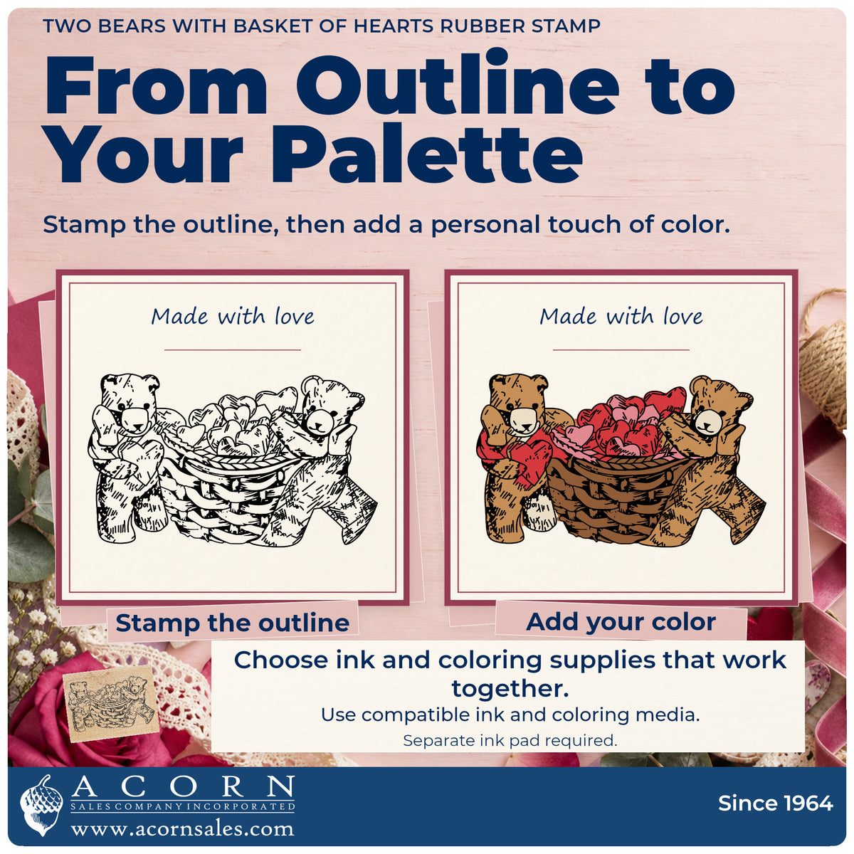 Two Bears with Basket of Hearts Rubber Stamp stamp-and-color guide comparing an outline impression with a colored example.