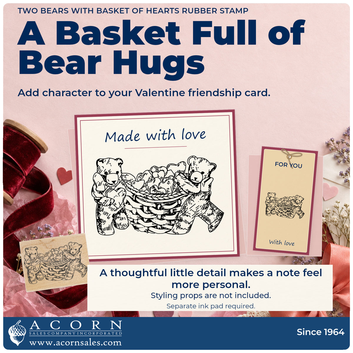 Two Bears with Basket of Hearts Rubber Stamp project inspiration: Valentine friendship card.