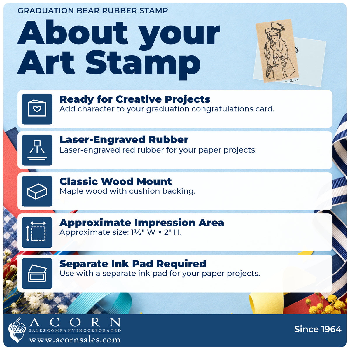 Graduation Bear Rubber Stamp feature guide covering the wood mount, rubber construction, approximate size and separate ink pad.