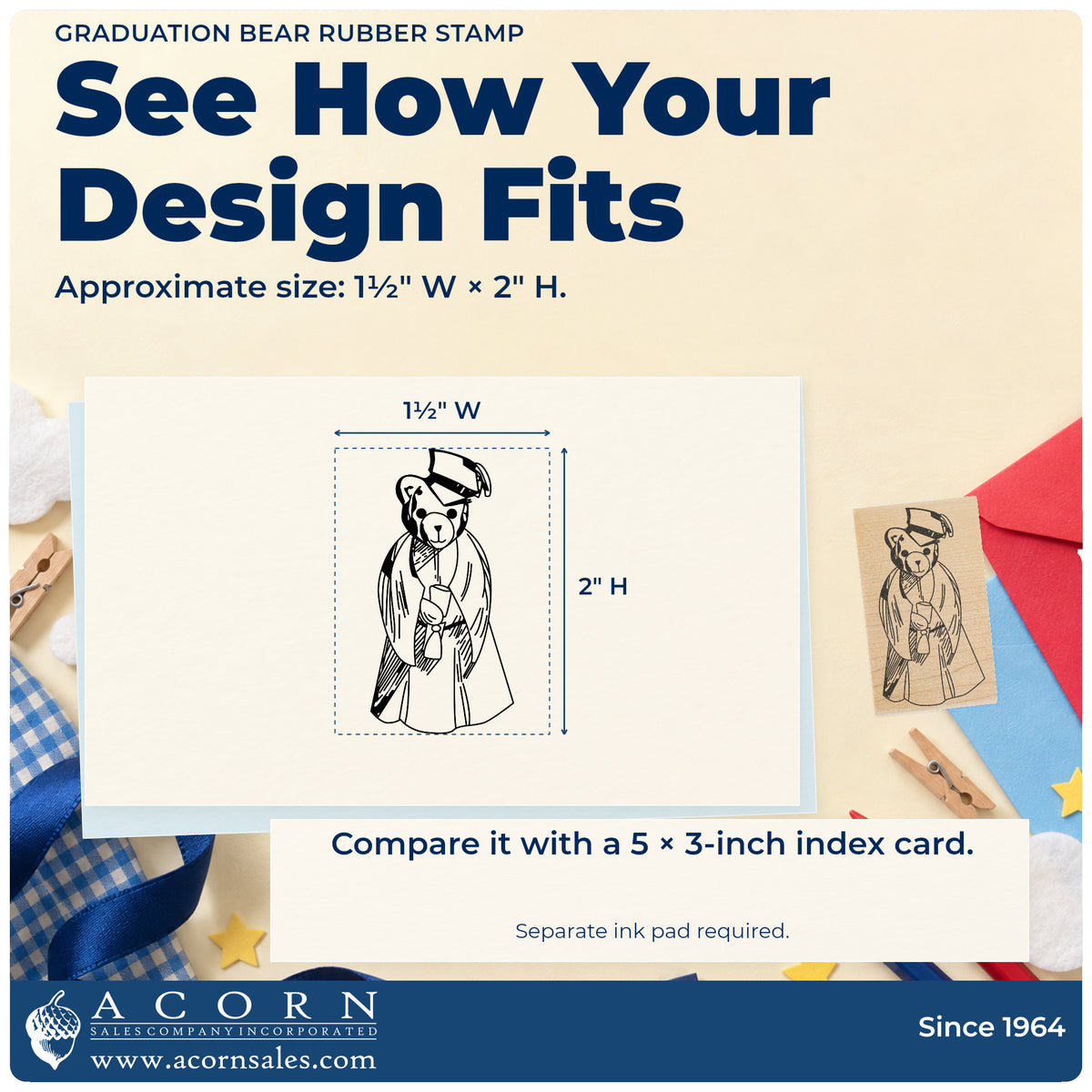 Graduation Bear Rubber Stamp impression-size guide showing the design on a paper reference with dimension labels.