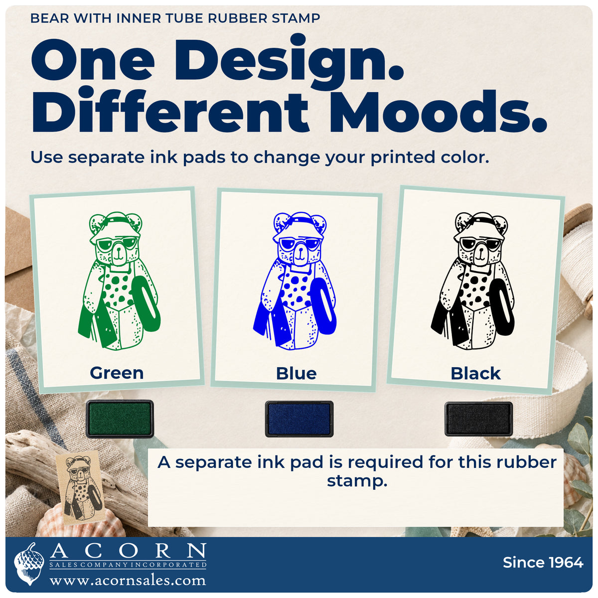 Bear with Inner Tube Rubber Stamp ink-color infographic comparing three single-color impressions and a separate ink pad.