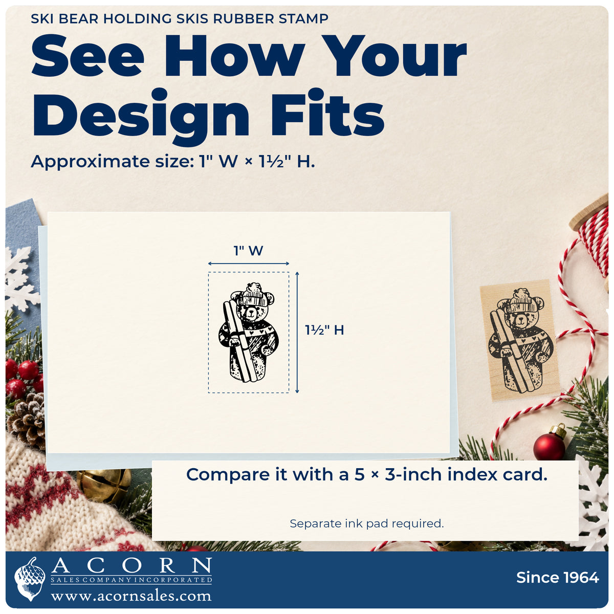 Ski Bear Holding Skis Rubber Stamp impression-size guide showing the design on a paper reference with dimension labels.