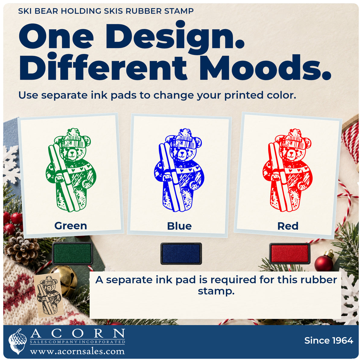 Ski Bear Holding Skis Rubber Stamp ink-color infographic comparing three single-color impressions and a separate ink pad.
