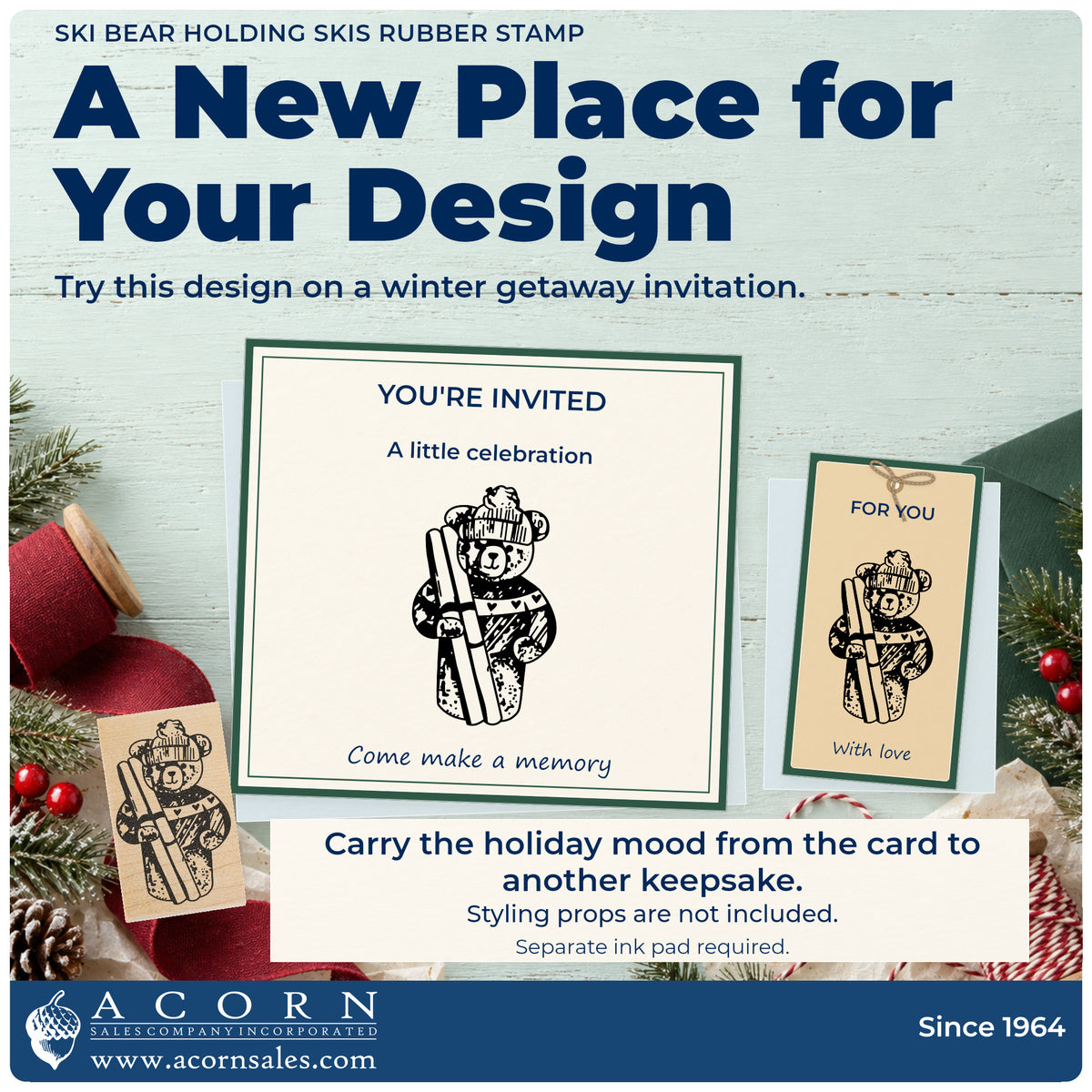 Ski Bear Holding Skis Rubber Stamp project inspiration: winter getaway invitation.
