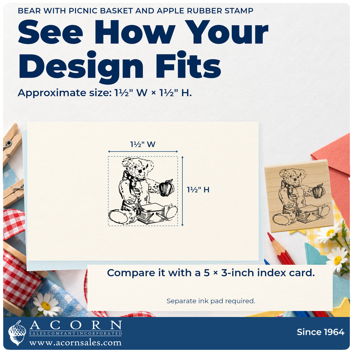 Bear with Picnic Basket and Apple Rubber Stamp impression-size guide showing the design on a paper reference with dimension labels.