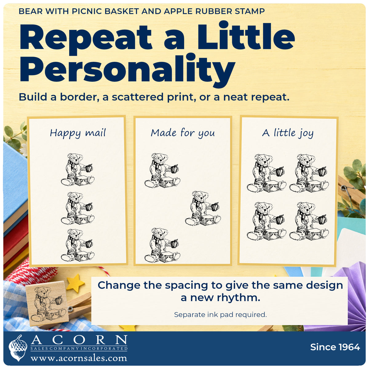 Bear with Picnic Basket and Apple Rubber Stamp pattern guide showing repeated impressions in borders, scattered prints and a grid.