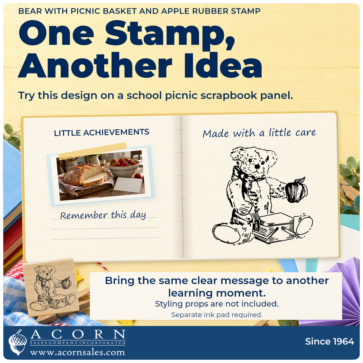 Bear with Picnic Basket and Apple Rubber Stamp project inspiration: school picnic scrapbook panel.